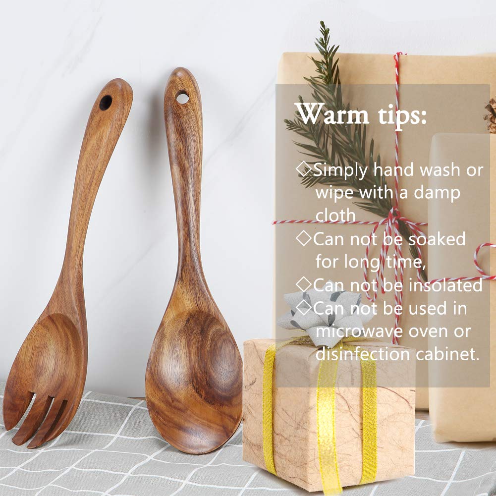 Natural Acacia Wood Salad Servers Set - Handmade Wooden Spoon & Fork for Kitchen, Cooking & Serving - Perfect for Salads, Pasta, Rice & Healthy Meals