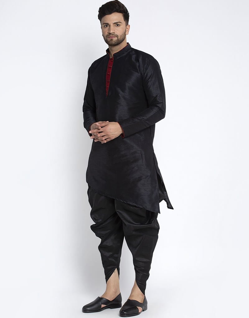 Black Kurta Dupion Silk Dhoti Set for Men - Premium Indian Traditional Wear for Festivals & Weddings