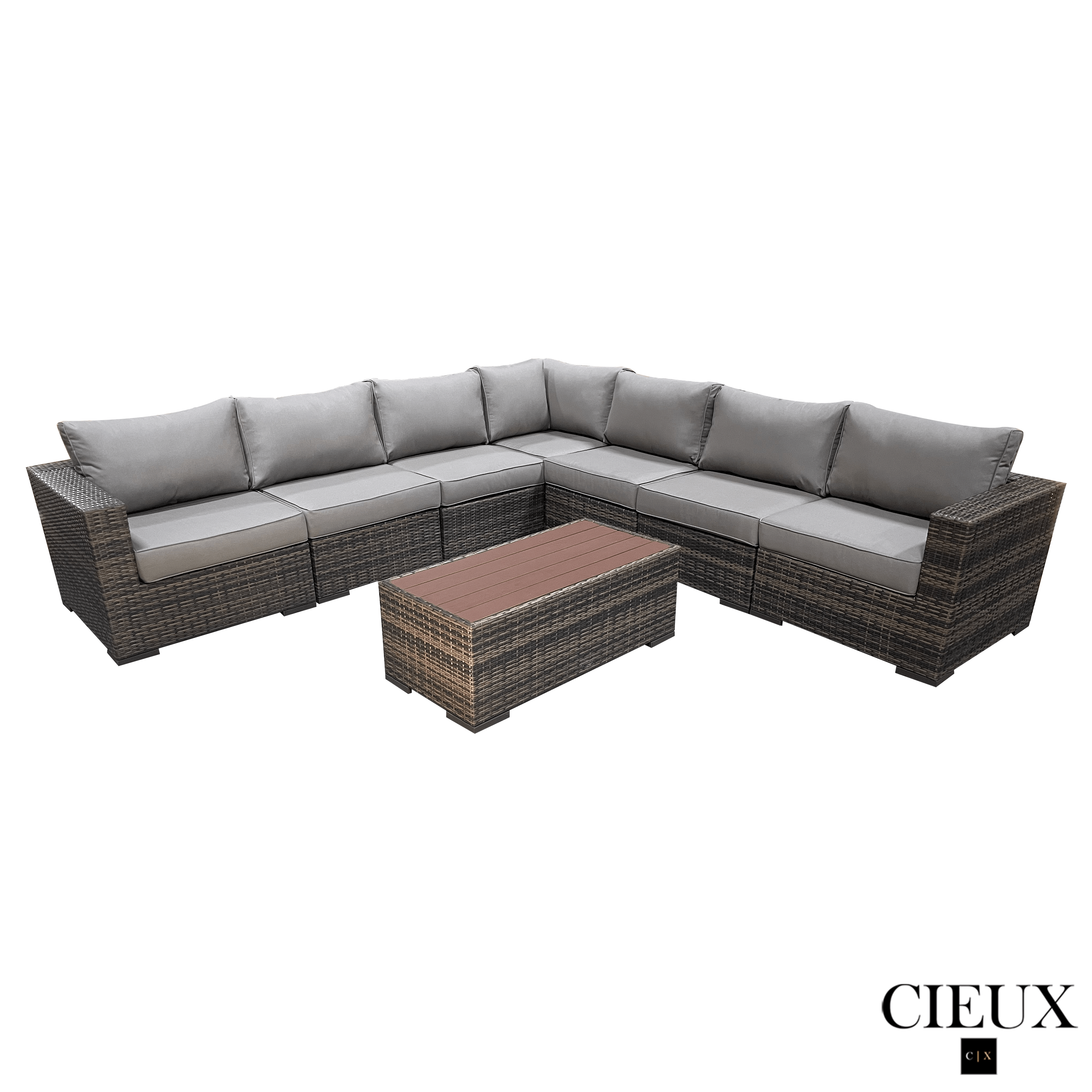 Valence Outdoor Patio Wicker Large Corner Sectional Sofa Set with Coffee Table - Brown Rattan Furniture & Sunbrella Taupe Cushions - Perfect for Backyard, Poolside & Garden Relaxation