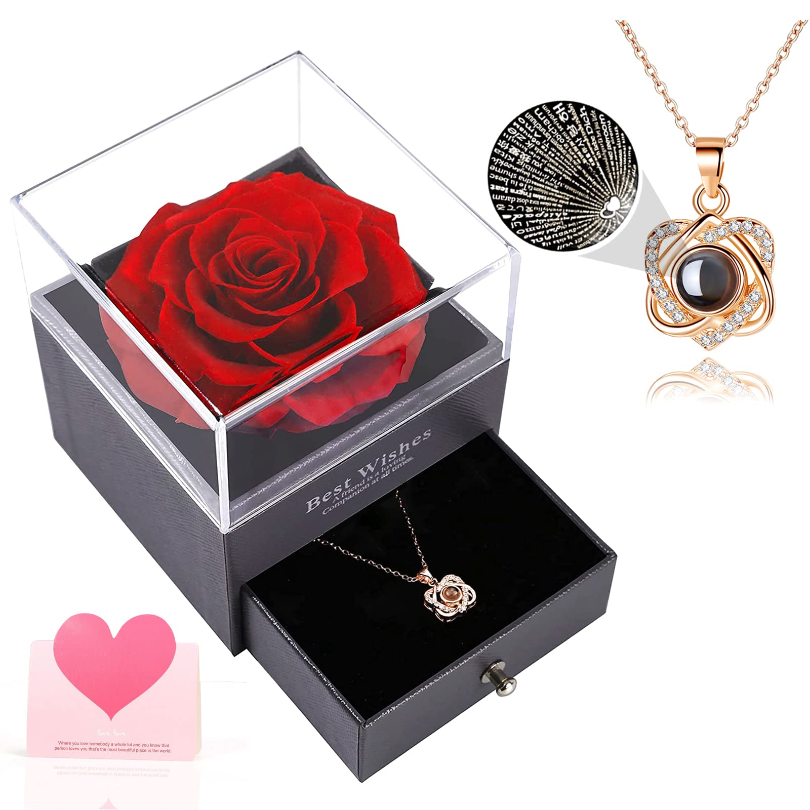 Real Preserved Red Rose with 'I Love You' Necklace in 100 Languages - Eternal Enchanted Rose Gift for Anniversary, Mother's Day, Birthday & Valentine's Day | Romantic Present for Wife, Girlfriend & Special Women | Perfect for Home Decor, Wedding Centerpieces & Keepsake Gifts