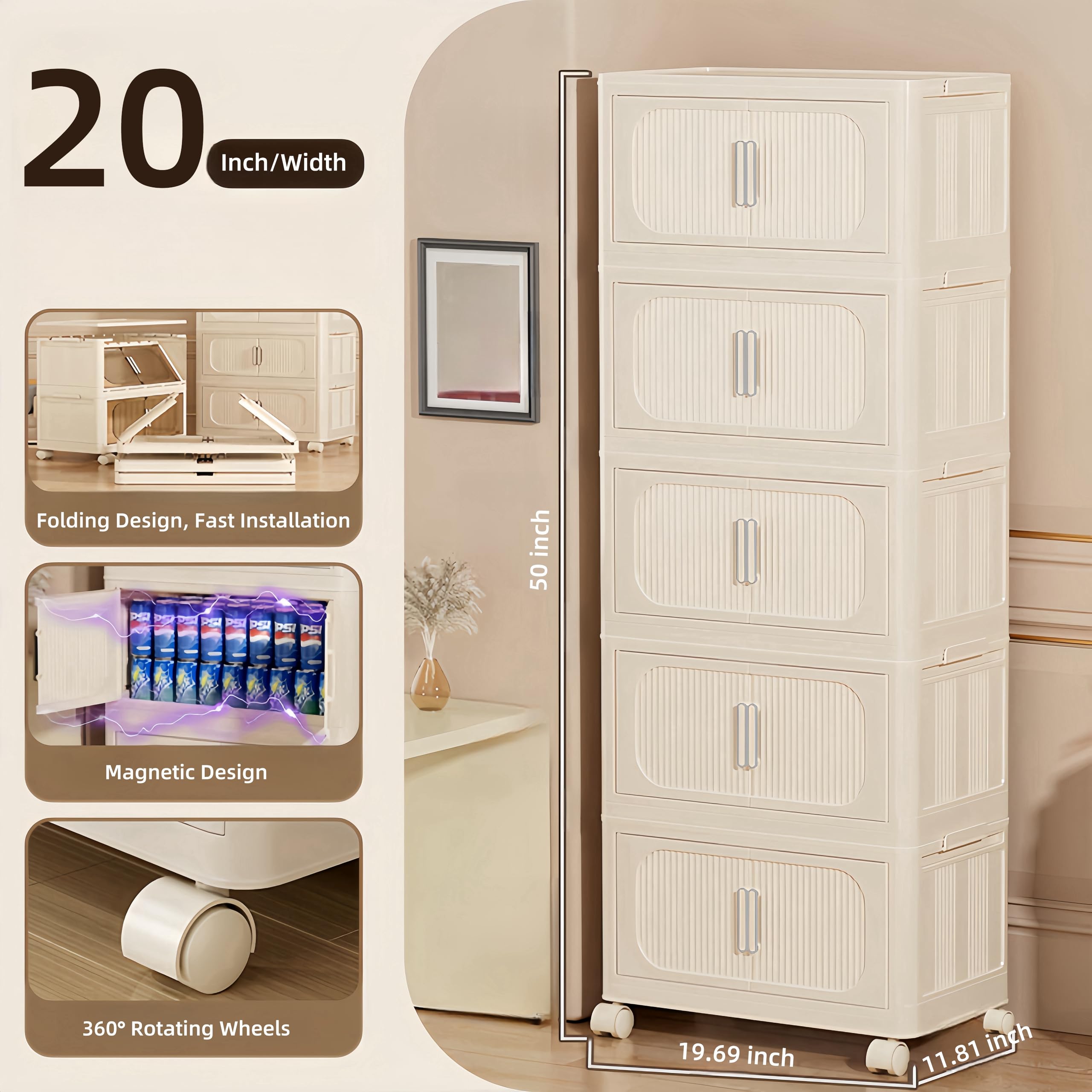 Foldable Cube Storage Bins with Lids & Wheels - 5-Tier Stackable Closet Organizer for Bedroom, Office & Kids Room - Cream White Open Front Storage Drawers for Home Organization