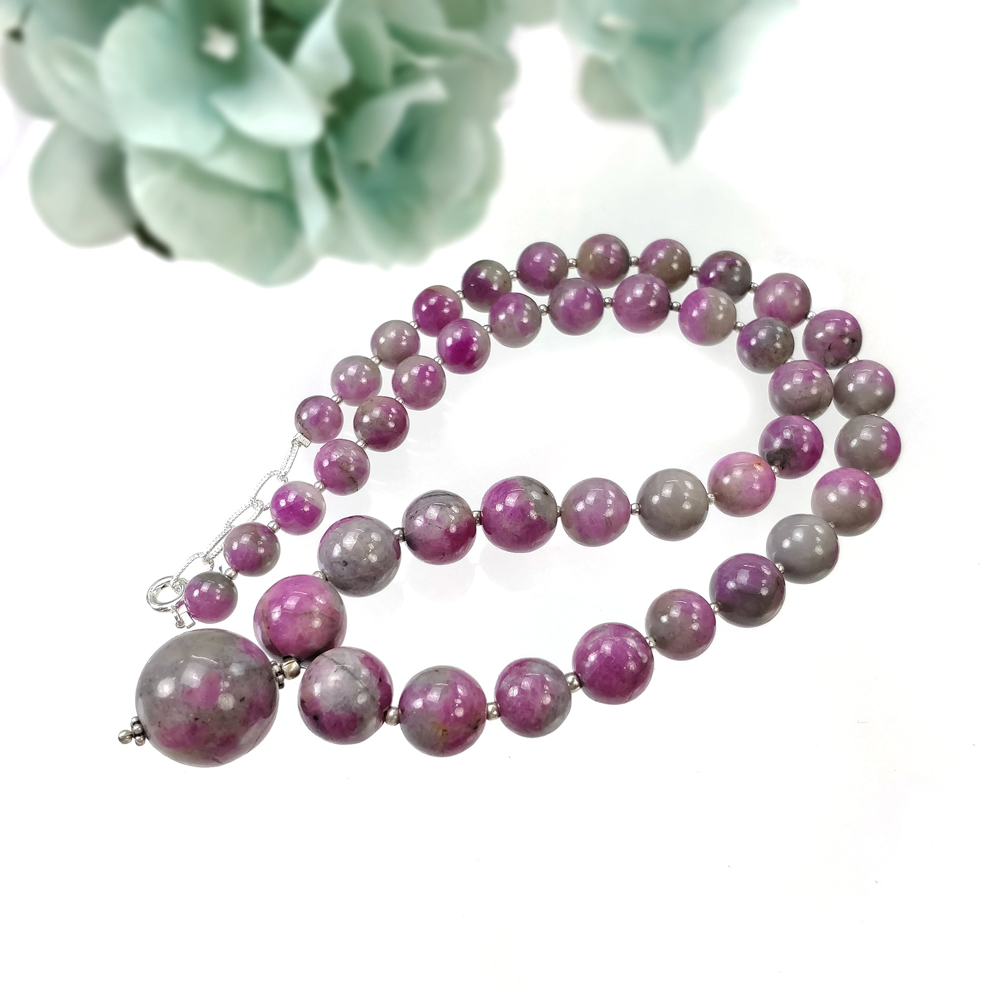 Natural Untreated Bi-Color Zoisite Ruby Gemstone Necklace - 334.15cts Genuine Ruby Balls with 925 Sterling Silver (7mm, 17mm, 18mm) | Elegant Jewelry for Women, Perfect Gift for Birthday, Anniversary & Special Occasions