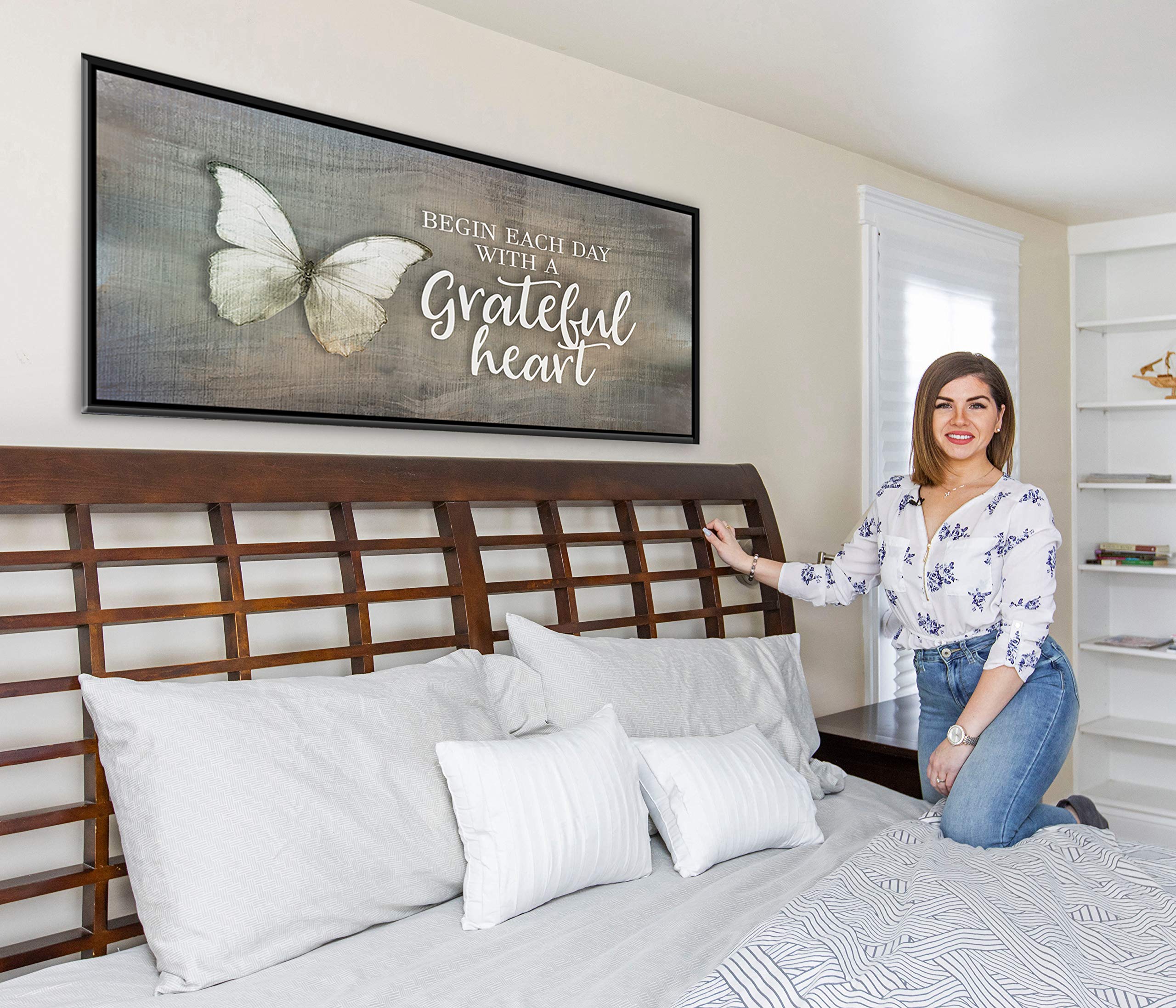 Inspirational Wall Art - 'Begin Each Day' Motivational Quote Canvas Print with Black Floating Frame, Religious & Blessed Home Decor, Large Butterfly Wall Décor (Grey, 42x19 Inches) - Perfect for Living Room, Bedroom & Office Inspiration