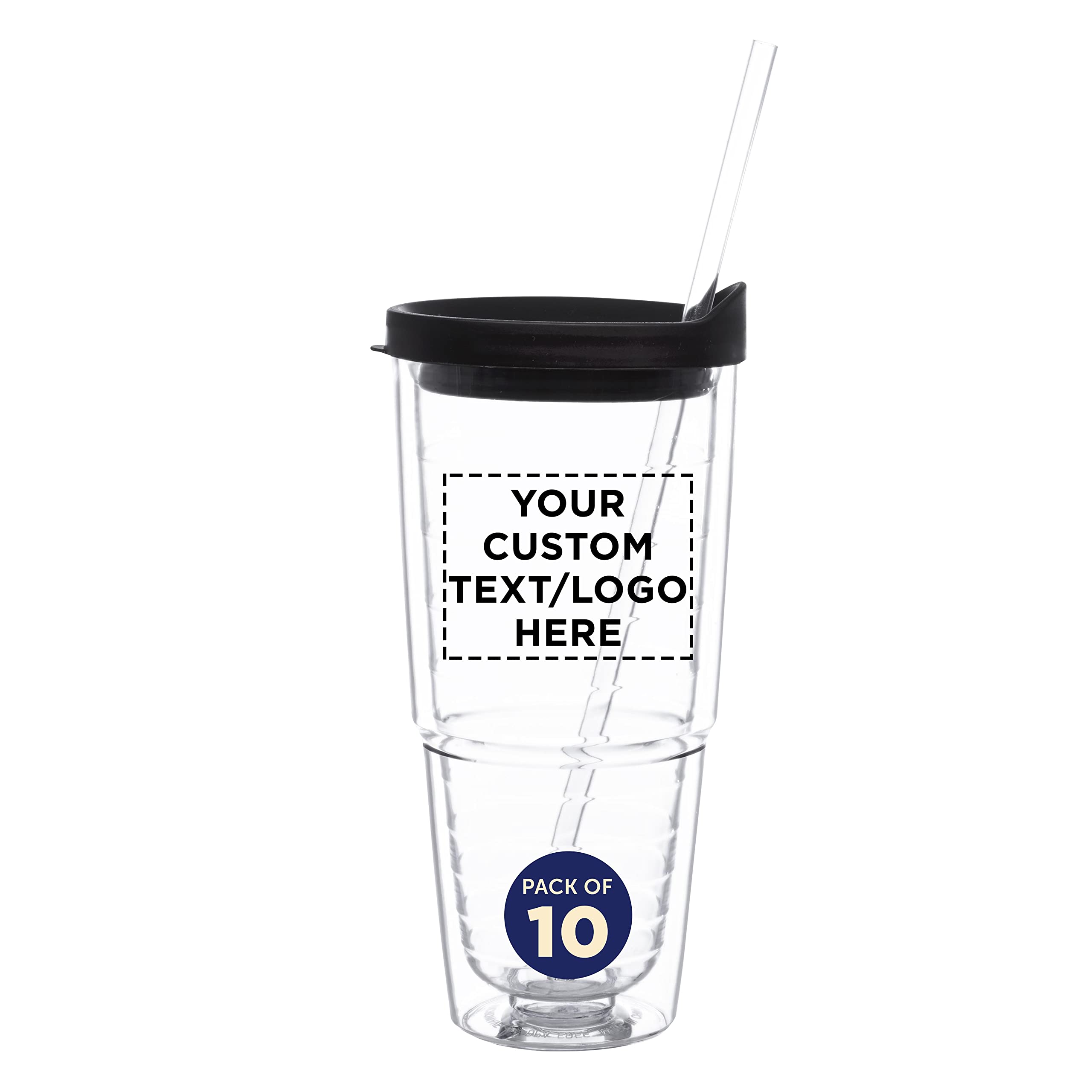 Custom 24 oz Double Wall Acrylic Tumblers with Straw - Set of 10 Personalized Drinkware for Hot & Cold Beverages - Bulk Pack Promotional Items - Perfect for Restaurants, Cafes, Events and Corporate Gifts - Black