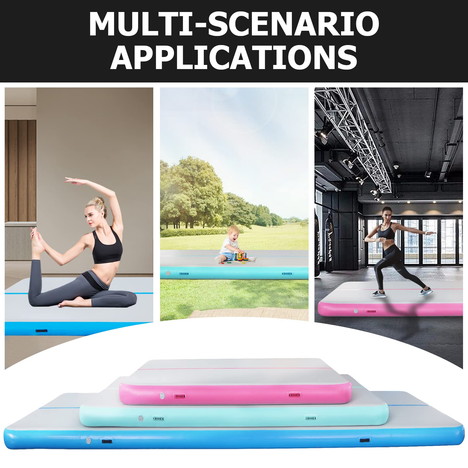 Inflatable Gymnastics Tumbling Mat 10ft/13ft/16ft/20ft - 4/8 Inch Thick Air Track Mat with Electric Pump for Home Gym, Cheerleading & Outdoor Training - Perfect for Backyard, Park & Indoor Practice