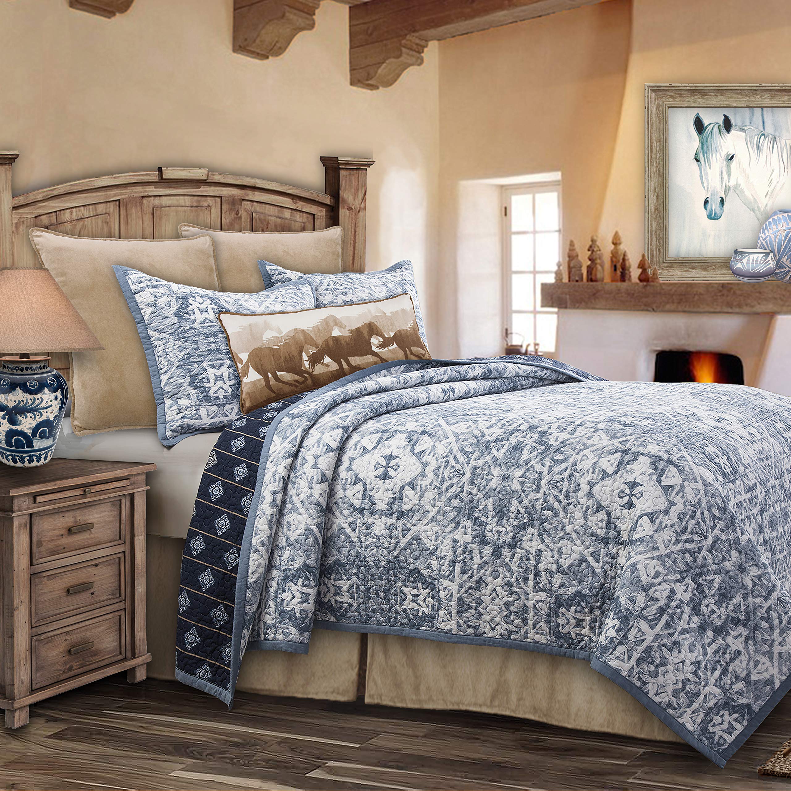 Premium Skyler 2-Piece Reversible Cotton Quilt Set with Pillow Shams - Twin Size Blue Medallion Striped Coastal Bedding | Luxury Quilt & Pillowcase for Guest Rooms, Beach Houses & Coastal-Themed Bedrooms