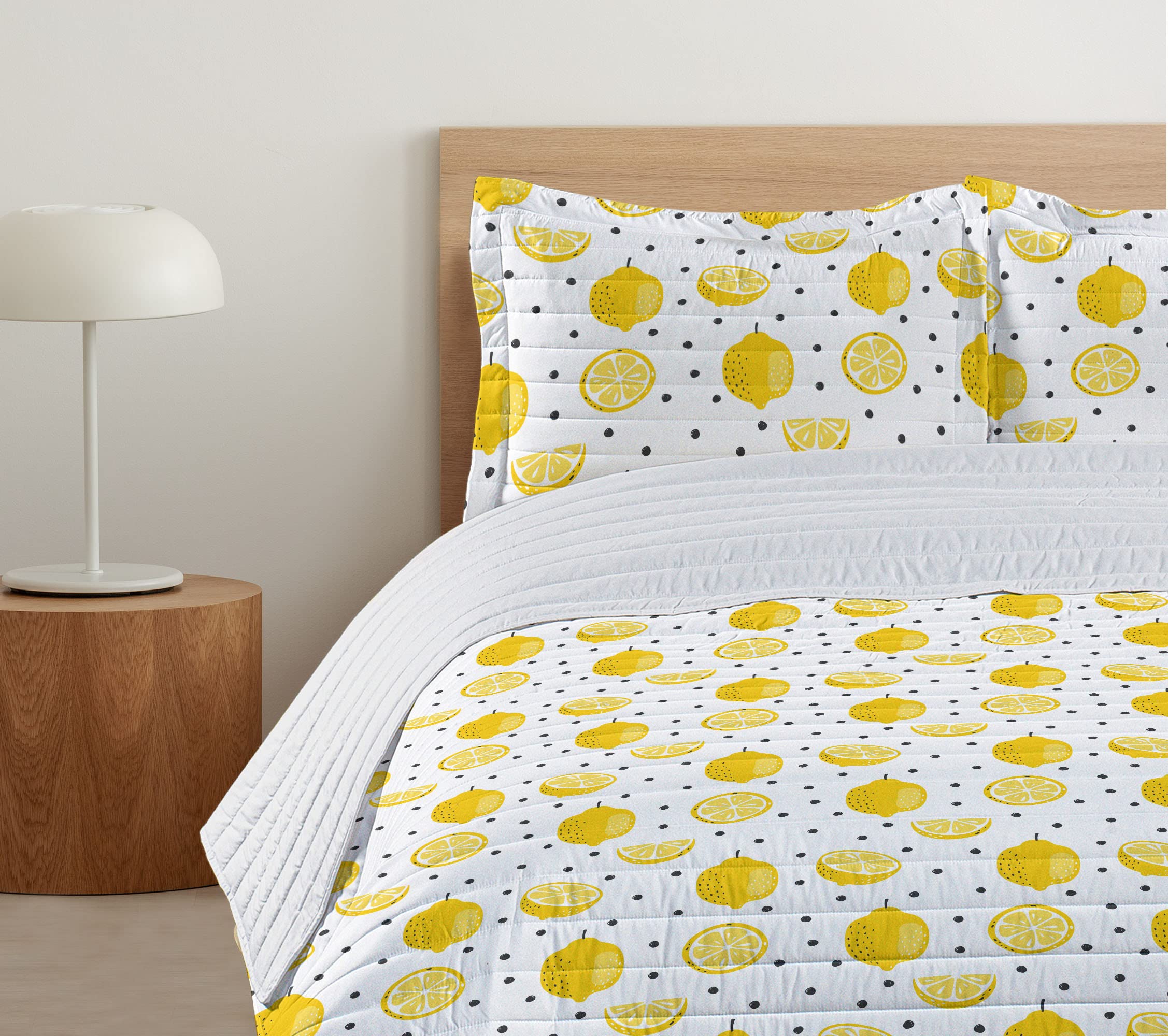 Ambesonne Lemon Microfiber Bedspread Set - Summer Citrus Fruit & Polka Dot Pattern Queen Size Bedding with Pillow Shams & Comforter in Mustard Charcoal Grey | Soft Breathable Bedroom Decor for Summer, Guest Room & Dorm
