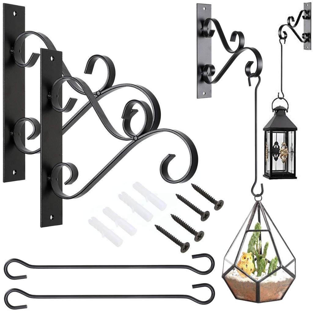 2-Pack Heavy Duty Curved Iron Hooks for Hanging Plants - Rust-Resistant Outdoor Wall Brackets for Flower Baskets, Bird Feeders & Wind Chimes - Perfect for Patio, Garden & Balcony Decor