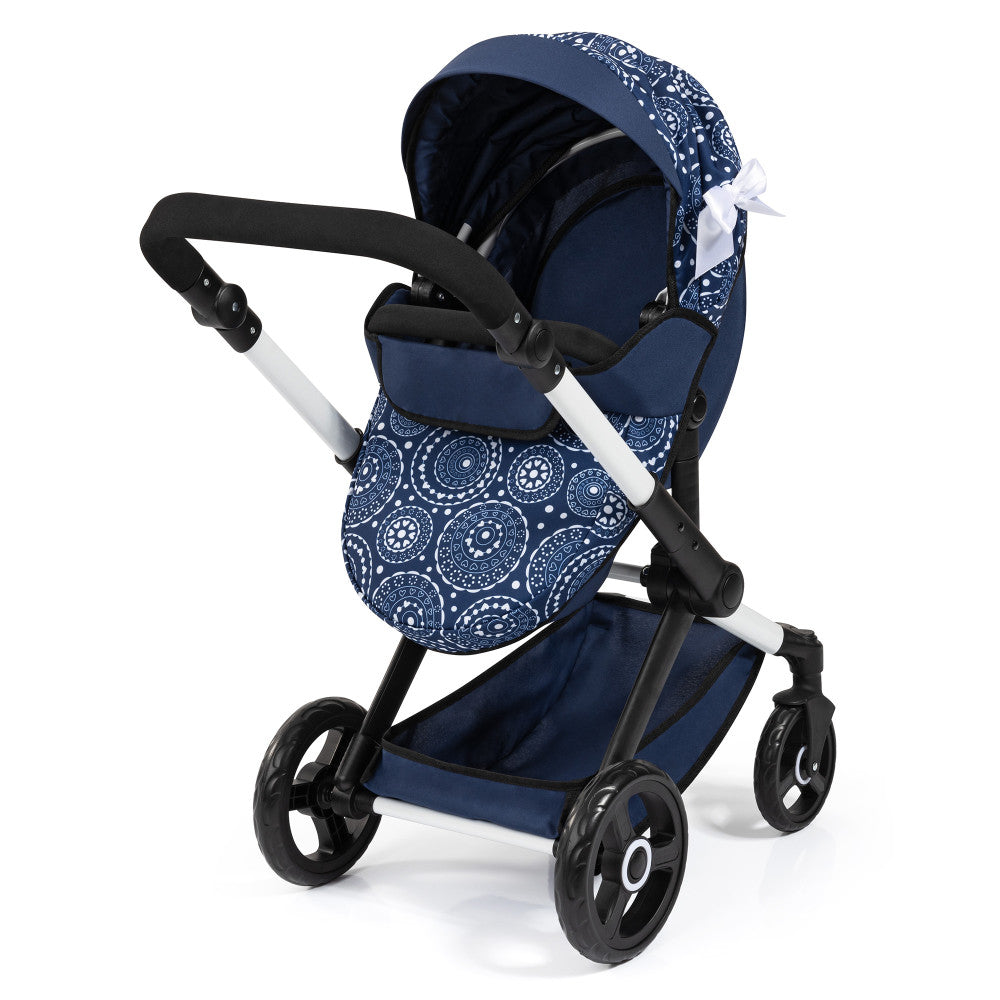 Bayer Design Xeo Pram Doll Stroller - Blue & White Circle Pattern for 18