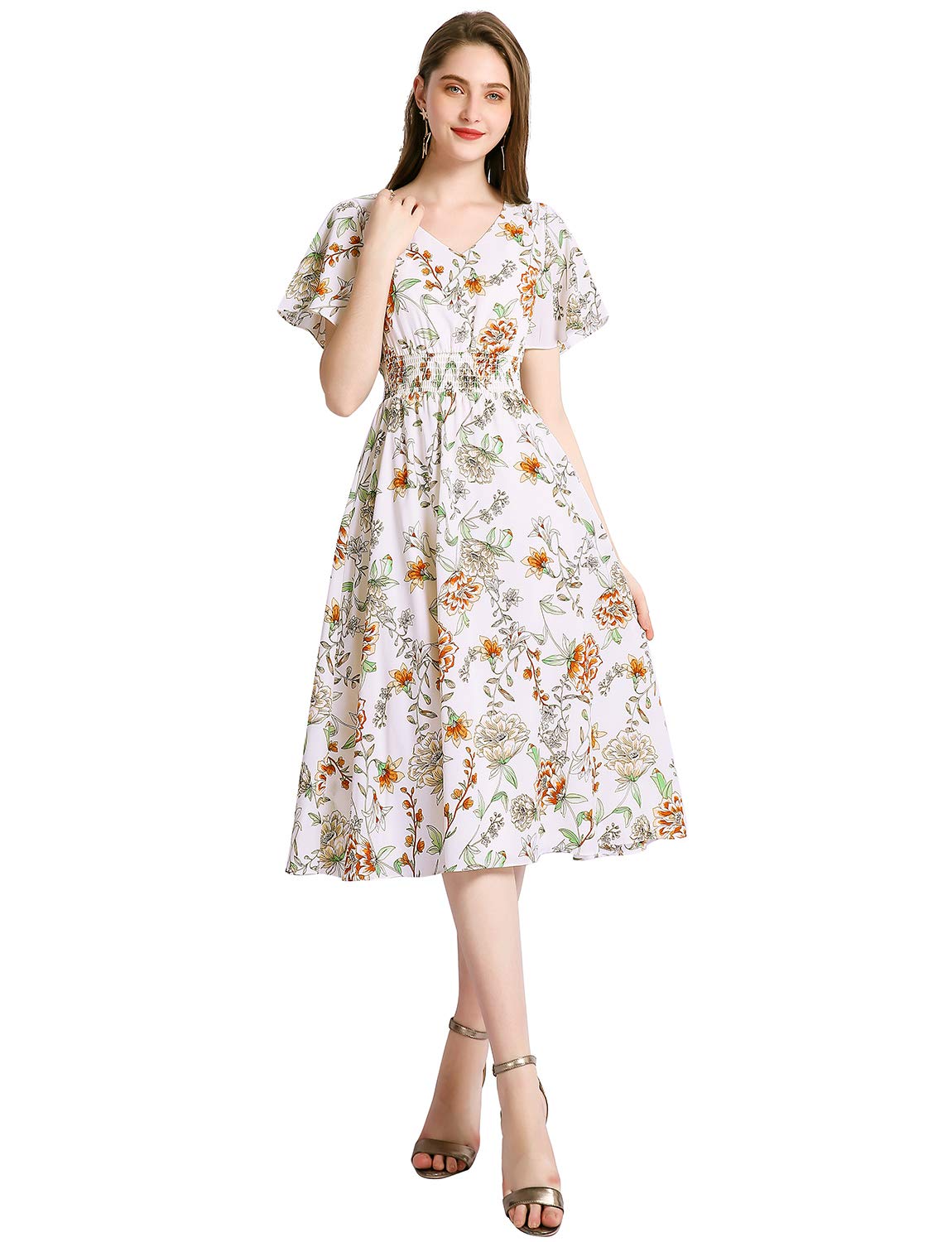 Gardenwed Women's Floral Chiffon Summer Dress with Elastic Waist - Perfect for Beach, Vacation & Outdoor Parties