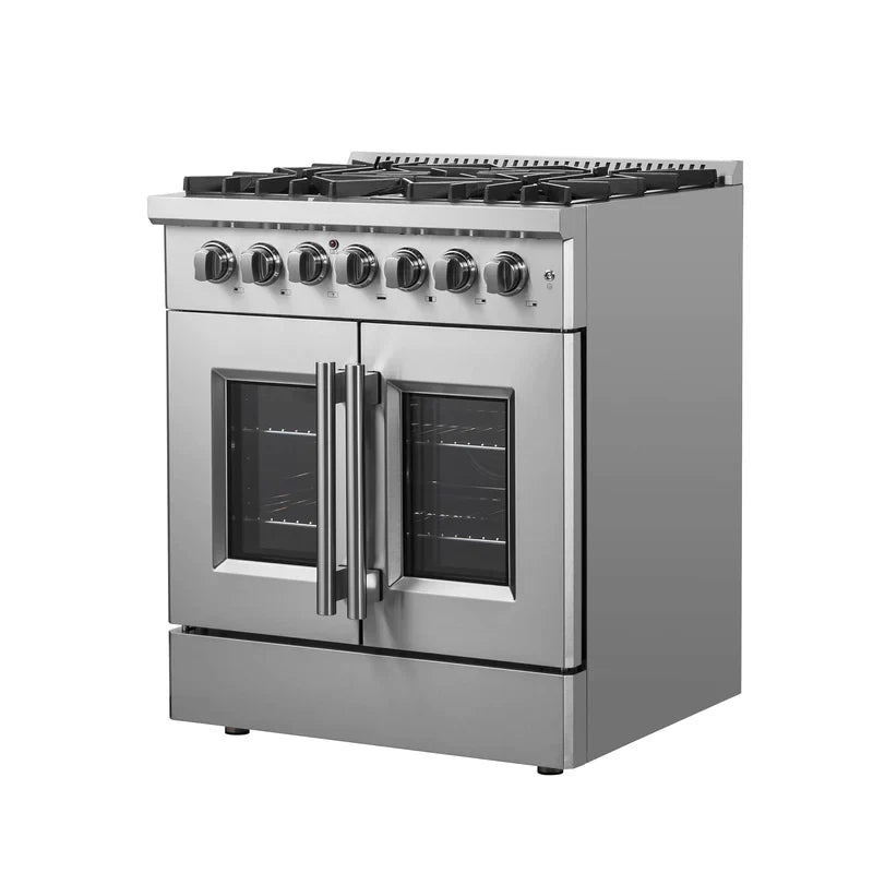 FORNO 30 Inch Freestanding Dual Fuel Range - Stainless Steel French Door Oven with 5 Burners & 68,000 BTU - Model FFSGS6356 - Perfect for Modern Kitchens & Professional Cooking