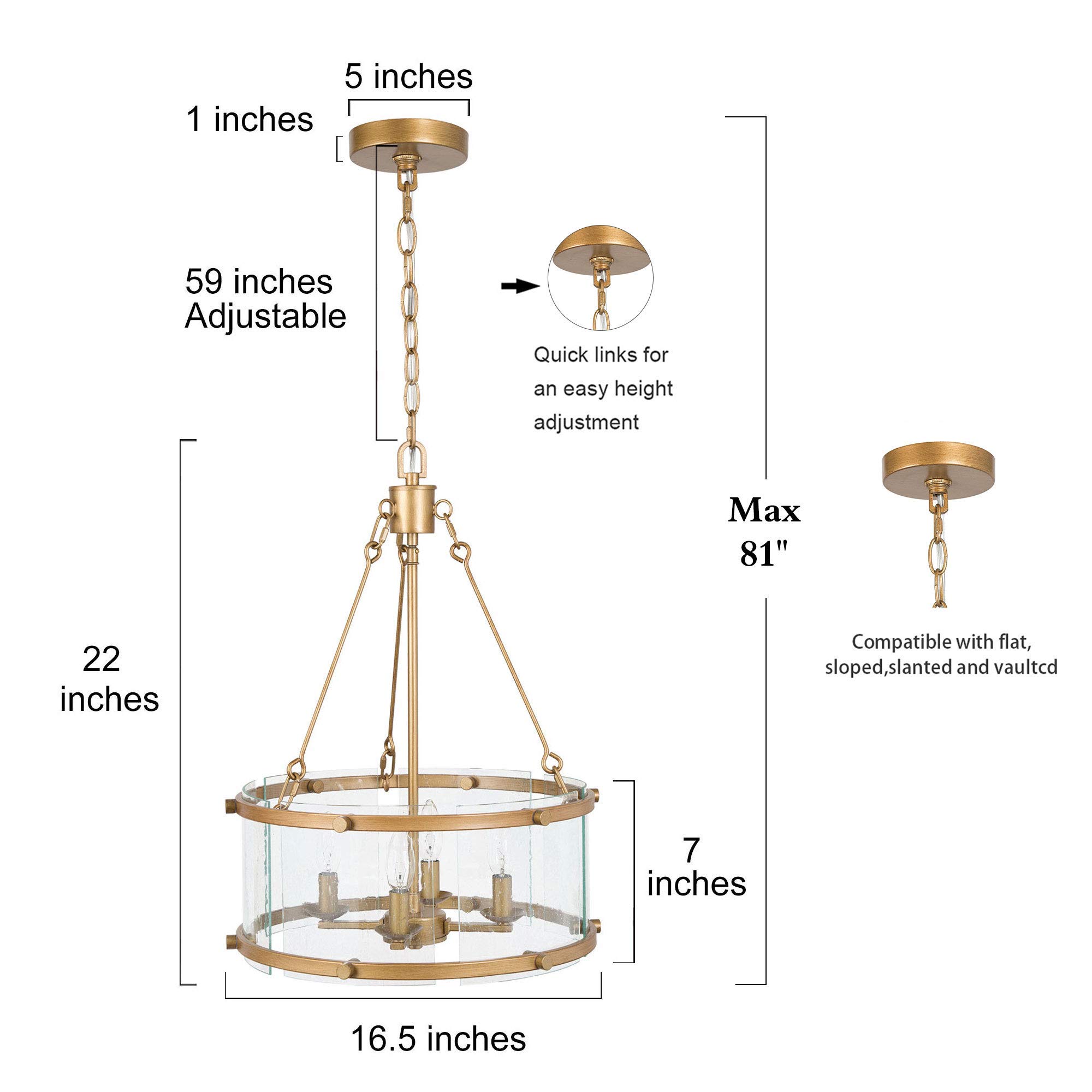 4-Light Gold Drum Chandelier with Seeded Glass Shade - 16.5