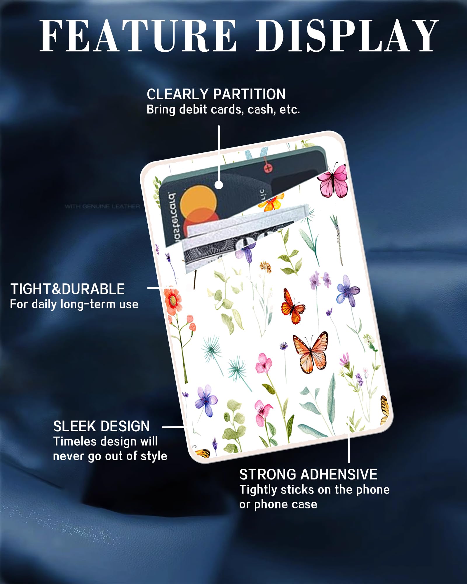 Stick-On Leather Phone Card Holder Wallet - Slim Credit Card Case for Back of Phone, Fabric Sleeve Compatible with Most Smartphones (Cute Butterfly Design) - Perfect for Hands-Free Shopping, Travel & Everyday Use