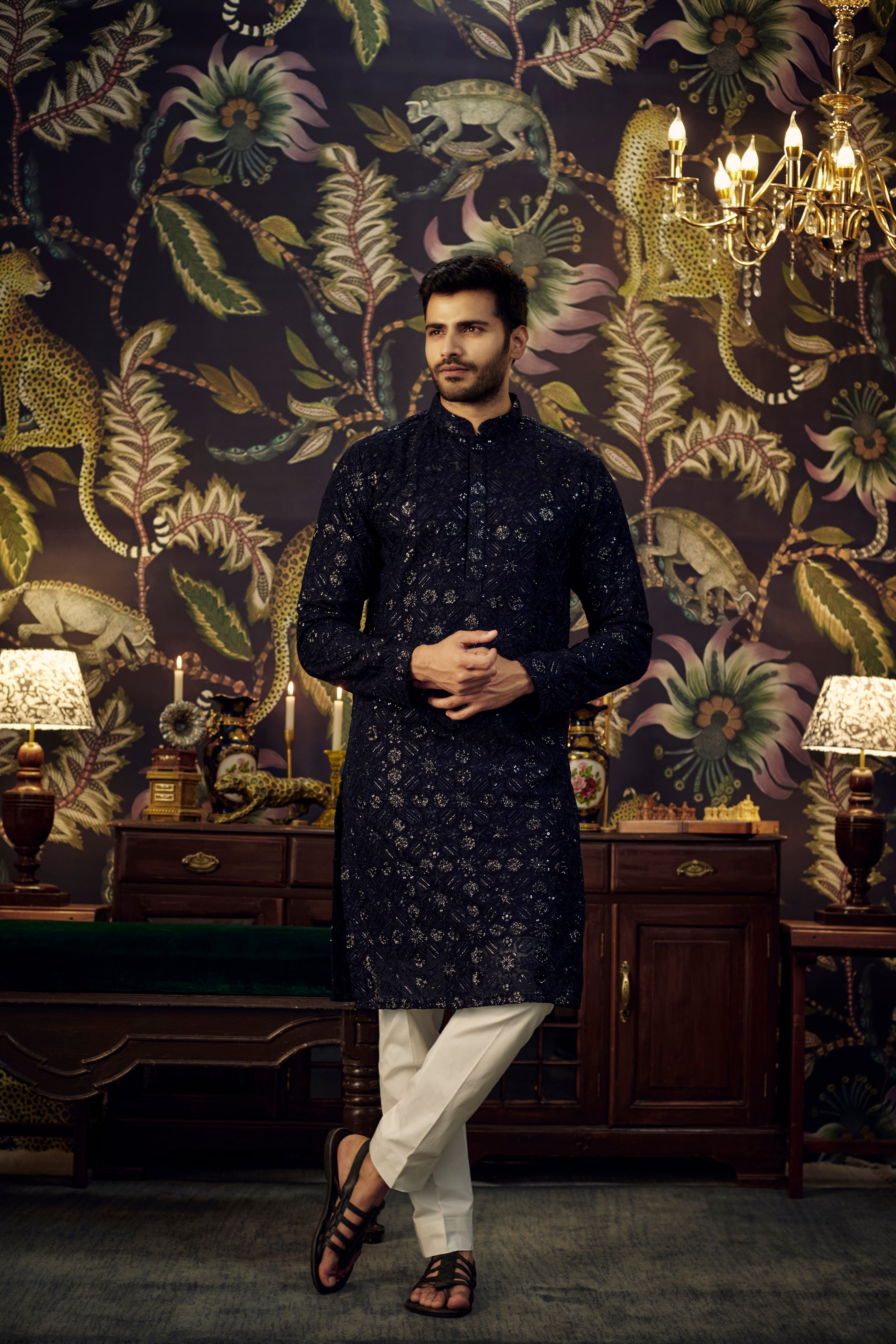 Midnight Blue Embroidered Kurta with Heavy Sequins - Geometric Design Elegance for Women's Ethnic Wear | Perfect for Weddings, Parties & Festive Occasions