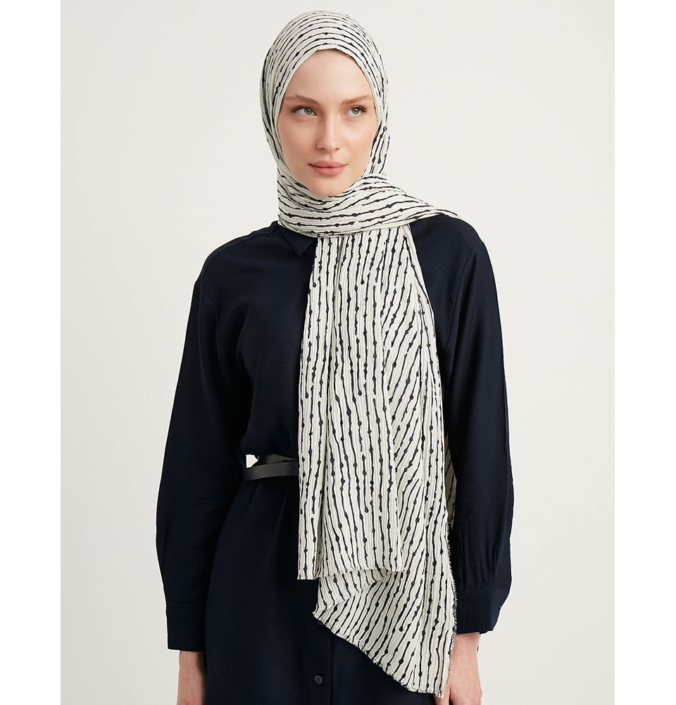 Abstract Lines Crinkle Cotton Hijab Shawl - Soft & Breathable White Scarf for Women - Perfect for Daily Wear, Prayer, and Modest Fashion