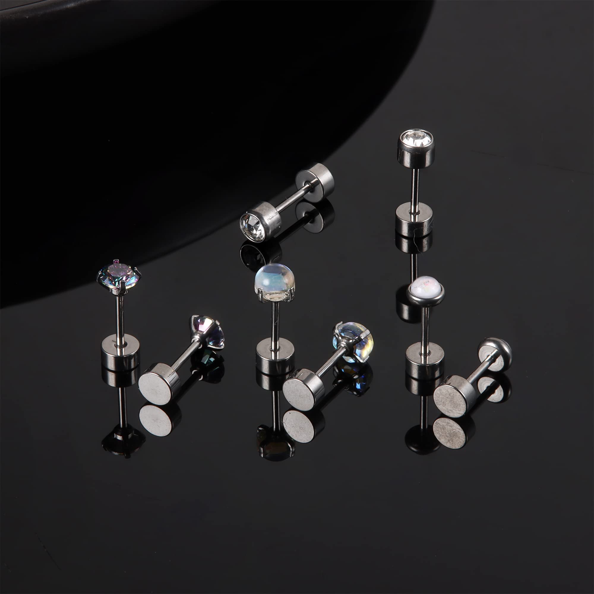 FIOROYAL 4 Pairs Titanium Earrings Studs for Women & Men - Opal, Moonstone, Onyx & Cubic Zirconia Flat Back Cartilage Earrings | Hypoallergenic, Comfort Fit for Daily Wear & Special Occasions