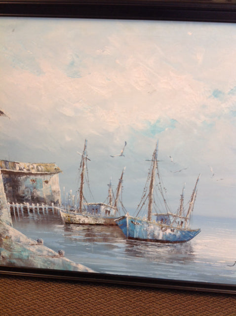 42 x 53 Signed Ocean Boat View Painting - Coastal Nautical Wall Art for Living Room, Bedroom & Office Decor