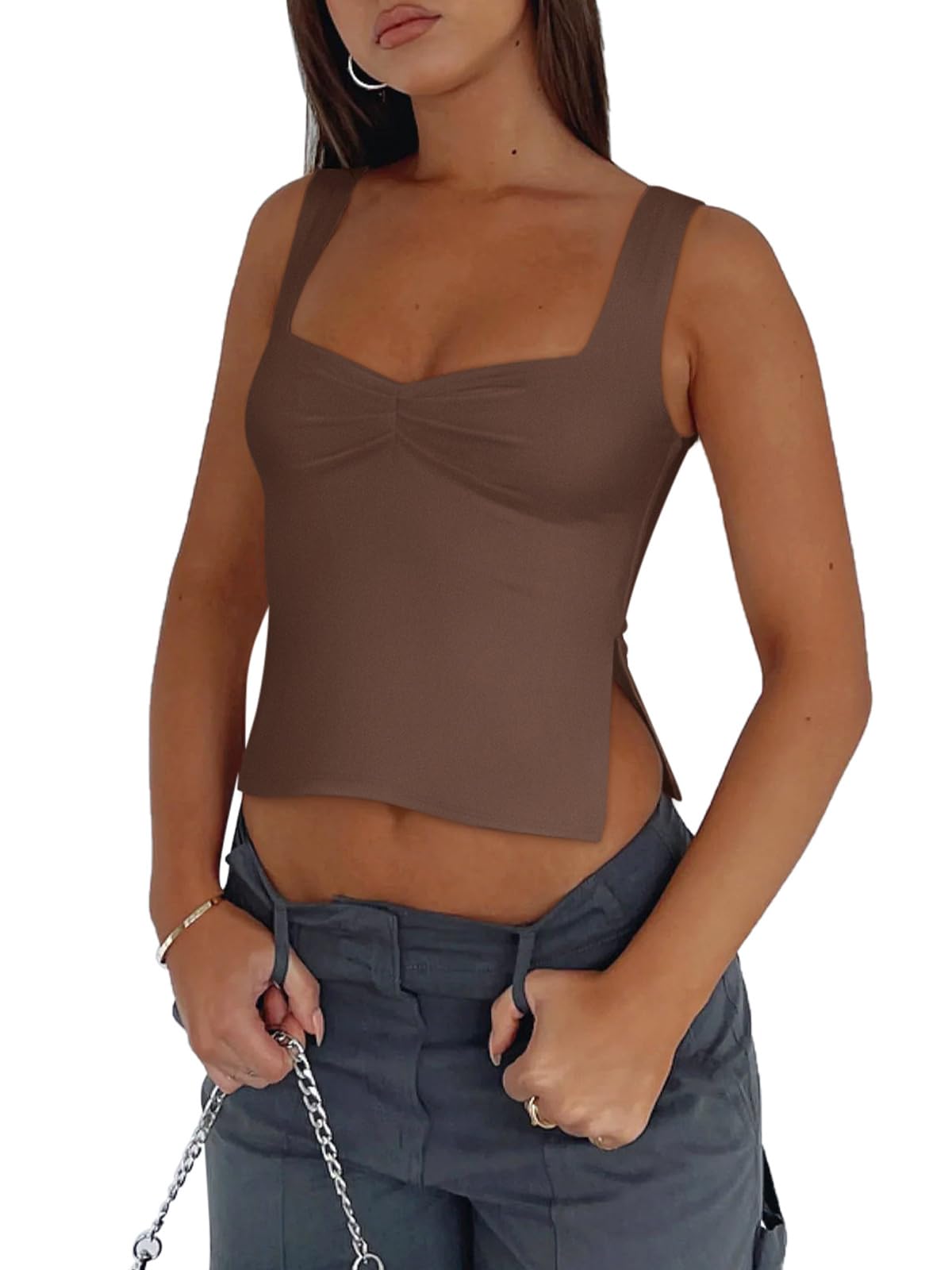 REORIA Women's Sexy Ruched Sweetheart Neck Backless Sleeveless Side Split Cropped Tank Top - Y2K Trendy Going Out Tops for Clubbing, Date Night & Summer Outfits