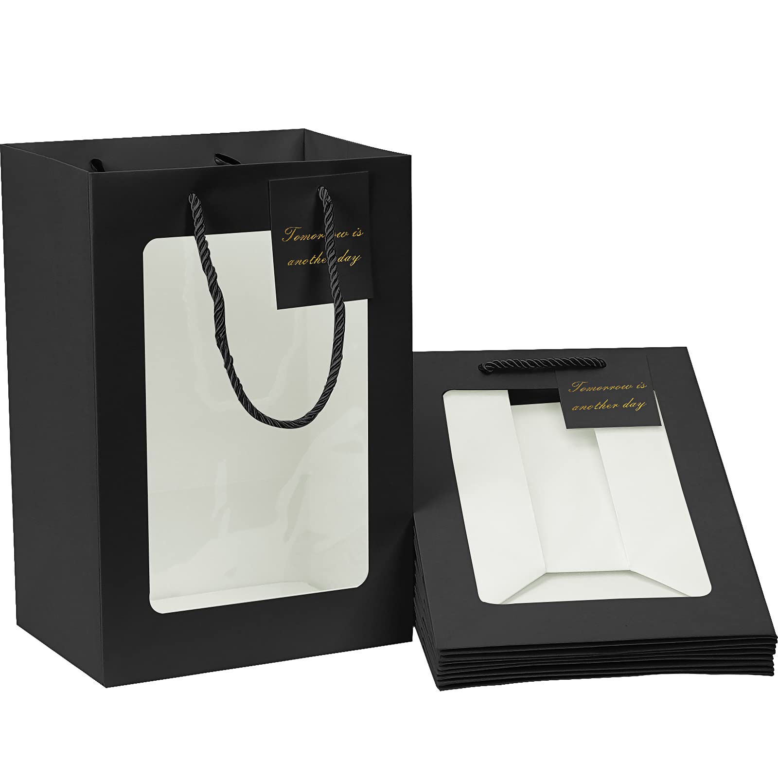 Premium Black Gift Bags with Clear Window - 10 Pack Kraft Paper Tote Bags 7.9×5.9×11.8 Inches - Bulk Wedding Party Favor Bags with Sturdy Handles - Perfect for Birthday Gifts, Bridal Showers & Holiday Packaging
