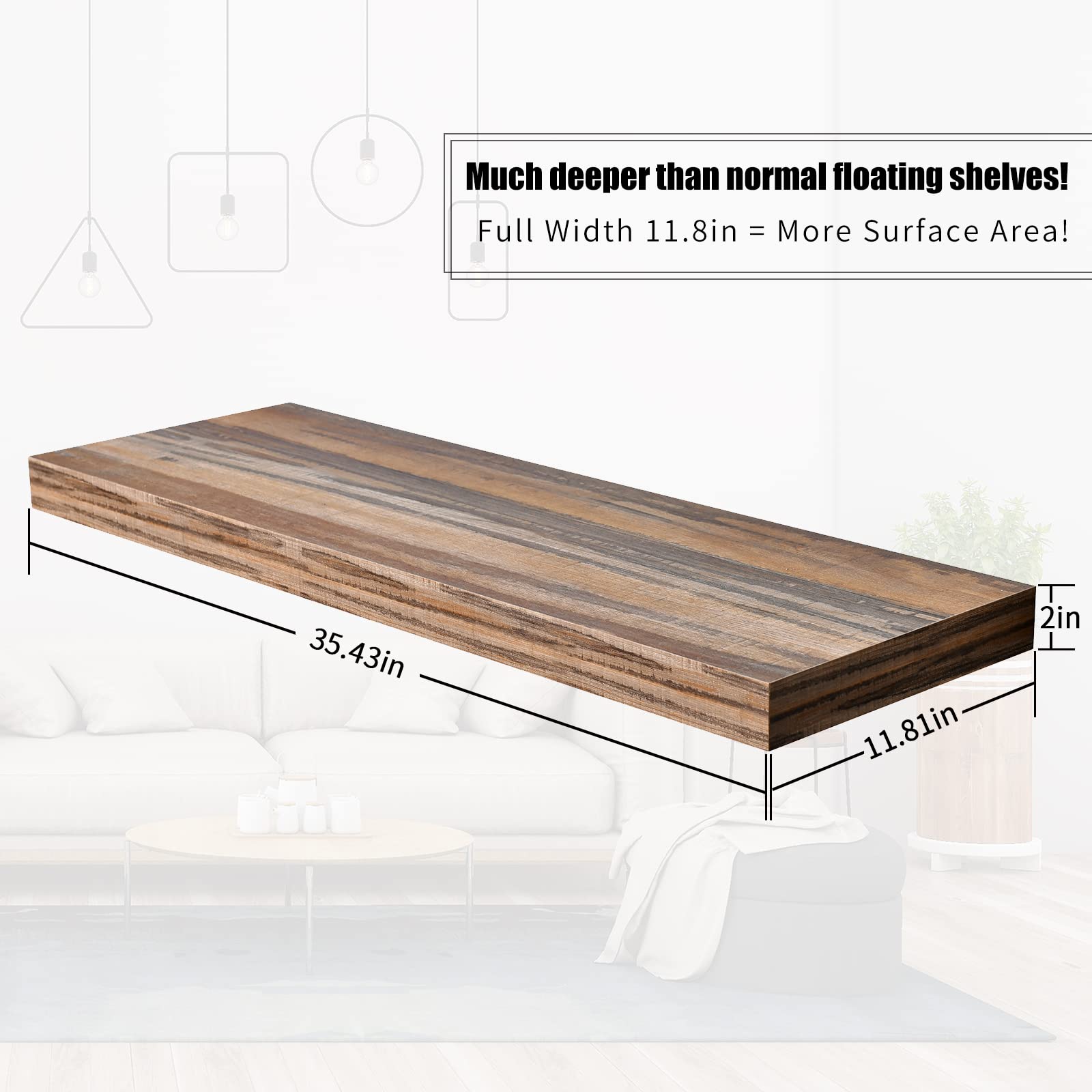 WELLAND 12 Inch Deep Floating Wall Shelves - Extra Wide 35.43