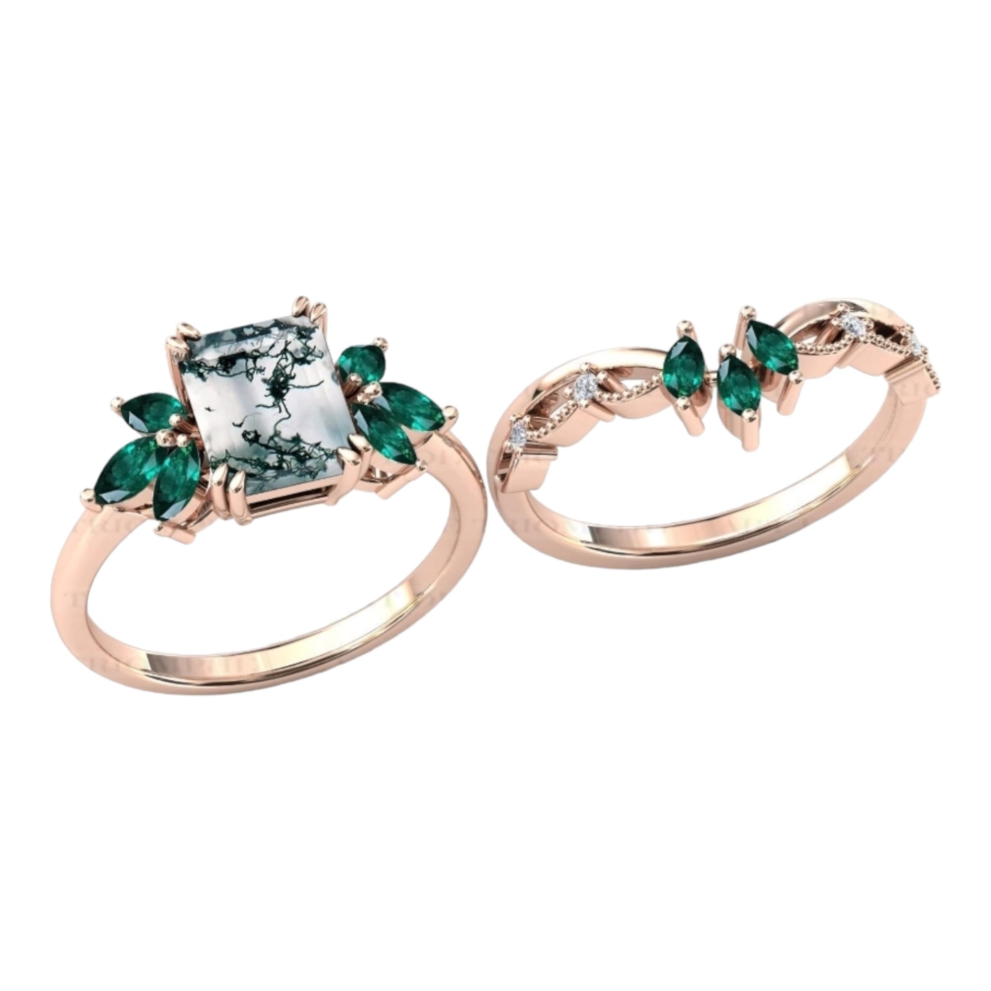 925 Silver Emerald Cut Moss Agate Wedding Ring Set for Women - Anniversary, Engagement & Promise Ring in White Gold Plated (Size 5) | Perfect for Bridal Jewelry, Gift Giving & Special Occasions