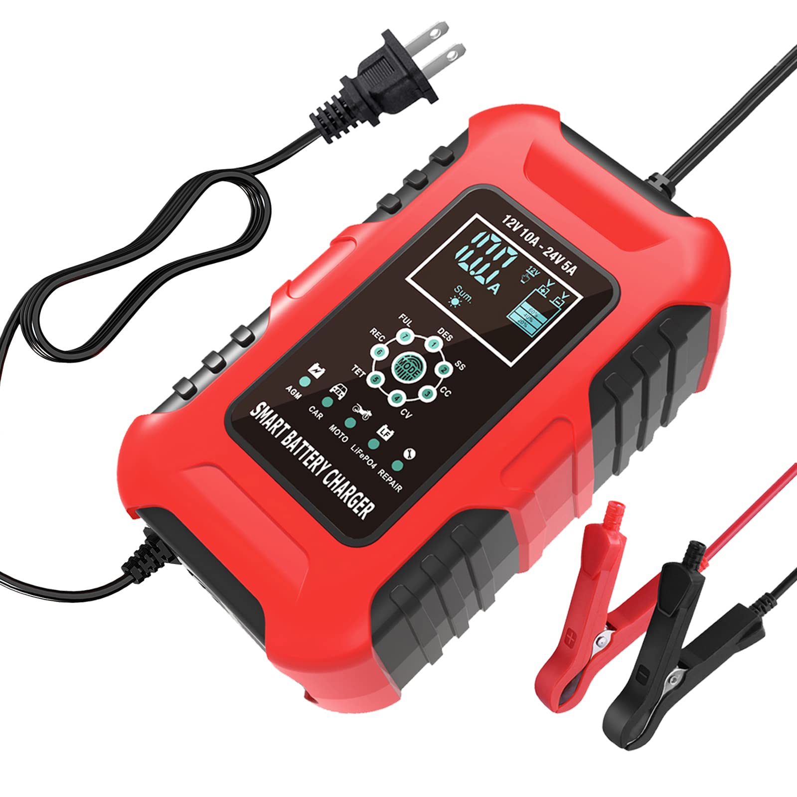 12V & 24V 10-Amp Smart Battery Charger for Wet/GEL/SLA/LiFePO4/Lead-Acid/AGM Batteries - 7-Stage Quick Charger for Truck, Motorcycle, Car, ATV, Lawn Mower, RV, Tractor - Perfect for Winter Storage & Long-Term Vehicle Maintenance (Red)