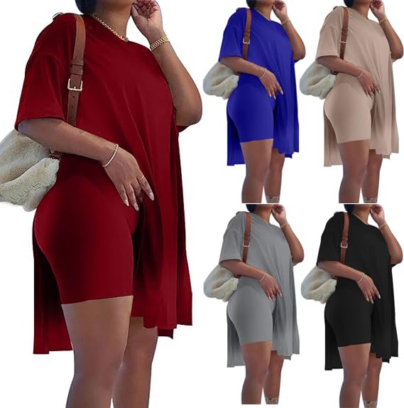 Plus Size Women's 2-Piece Outfit - Short Sleeve Tunic Top & Skinny Biker Shorts Set, Blue Tracksuit (X-Large) | Casual Wear, Gym, Yoga & Summer Outfits