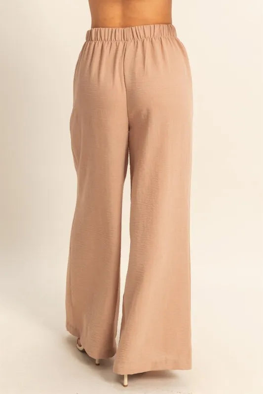Beige Elastic Waist Wide Leg Pants for Women - Comfortable Stretchy High Waist Palazzo Trousers for Office, Travel & Casual Wear