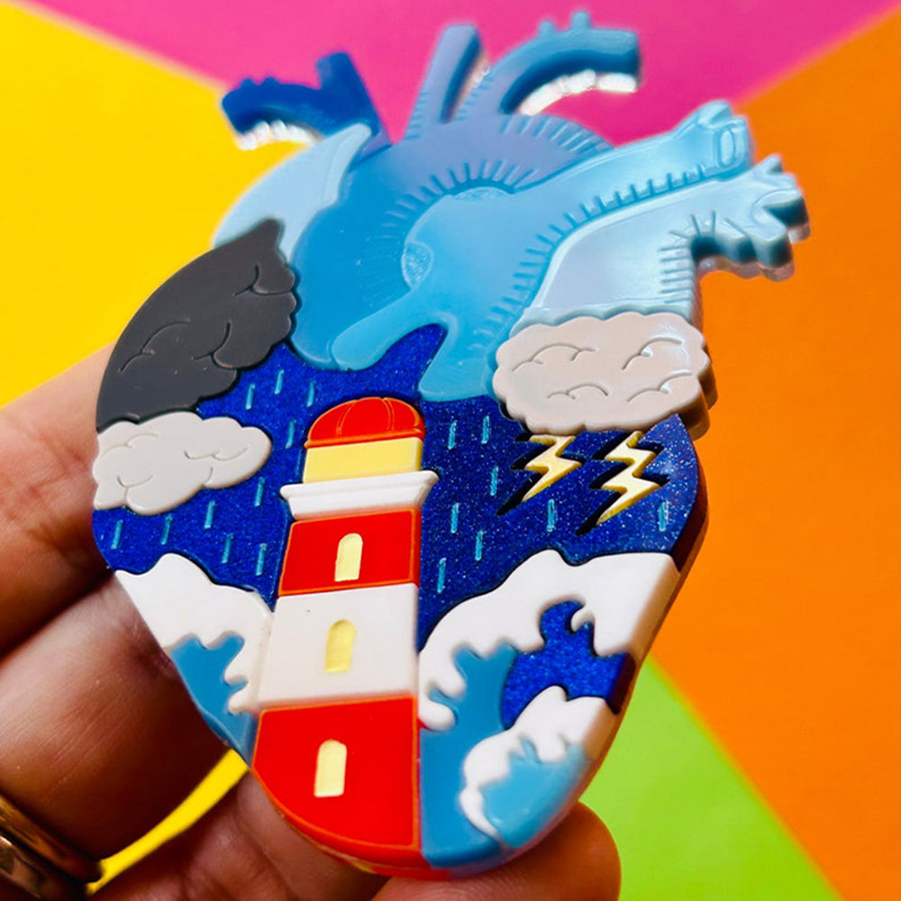 Stormy Heart Nautical Aesthetic Acrylic Brooch - Anatomical Hearts Collection by Makokot Design | Unique Handmade Pin for Jackets, Bags & Accessories