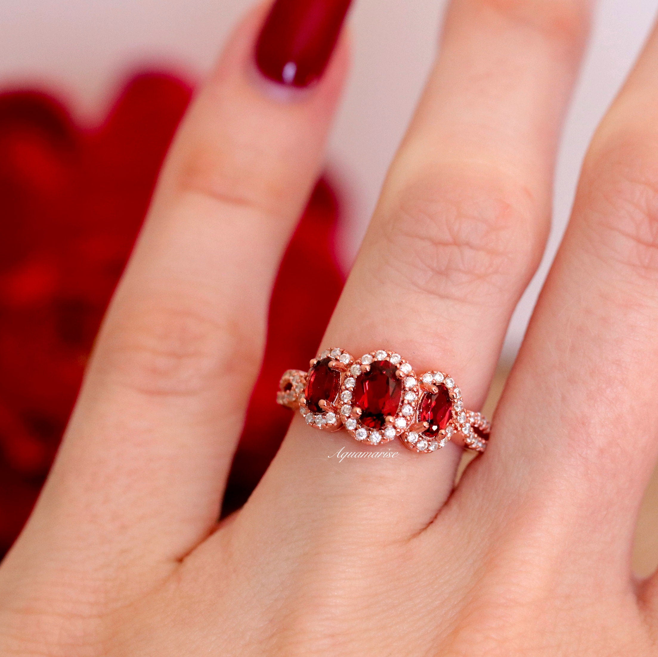 14K Rose Gold Vermeil Trio Garnet Ring for Women - Elegant Stackable Jewelry Gift for Anniversary, Valentine's Day & Special Occasions