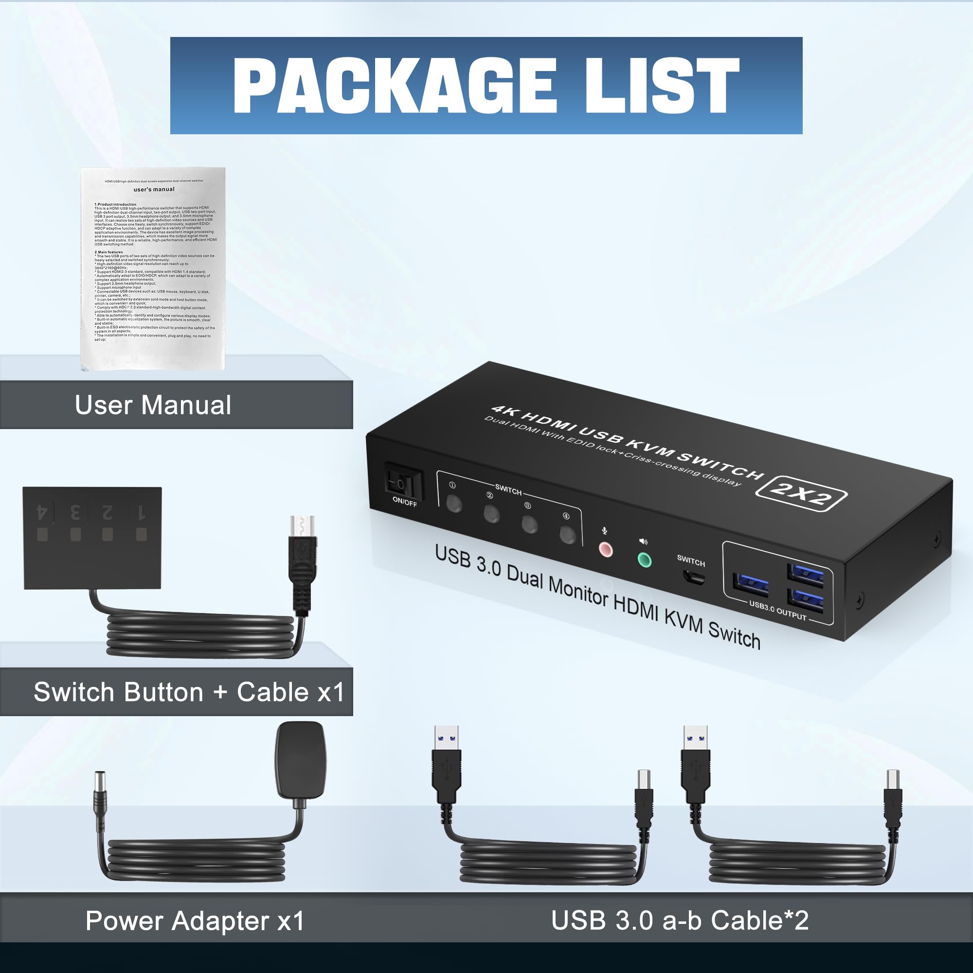 4K@60Hz HDMI KVM Switch for 2 Computers & 2 Monitors - USB 3.0 Hub with 3 Ports & Audio Support - Dual Monitor Display Switcher for Home Office & Gaming Setup