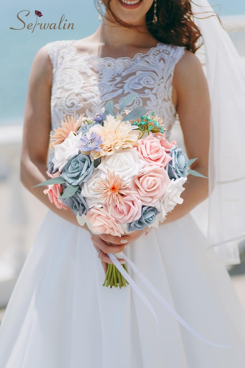 Serwalin Artificial Silk Flowers - Blue & Pink Fake Flowers for DIY Wedding Bouquets, Bridal Arrangements, Baby Shower Decor, Home & Cake Decoration | Perfect for Wedding Centerpieces, Party Decorations & Floral Crafts