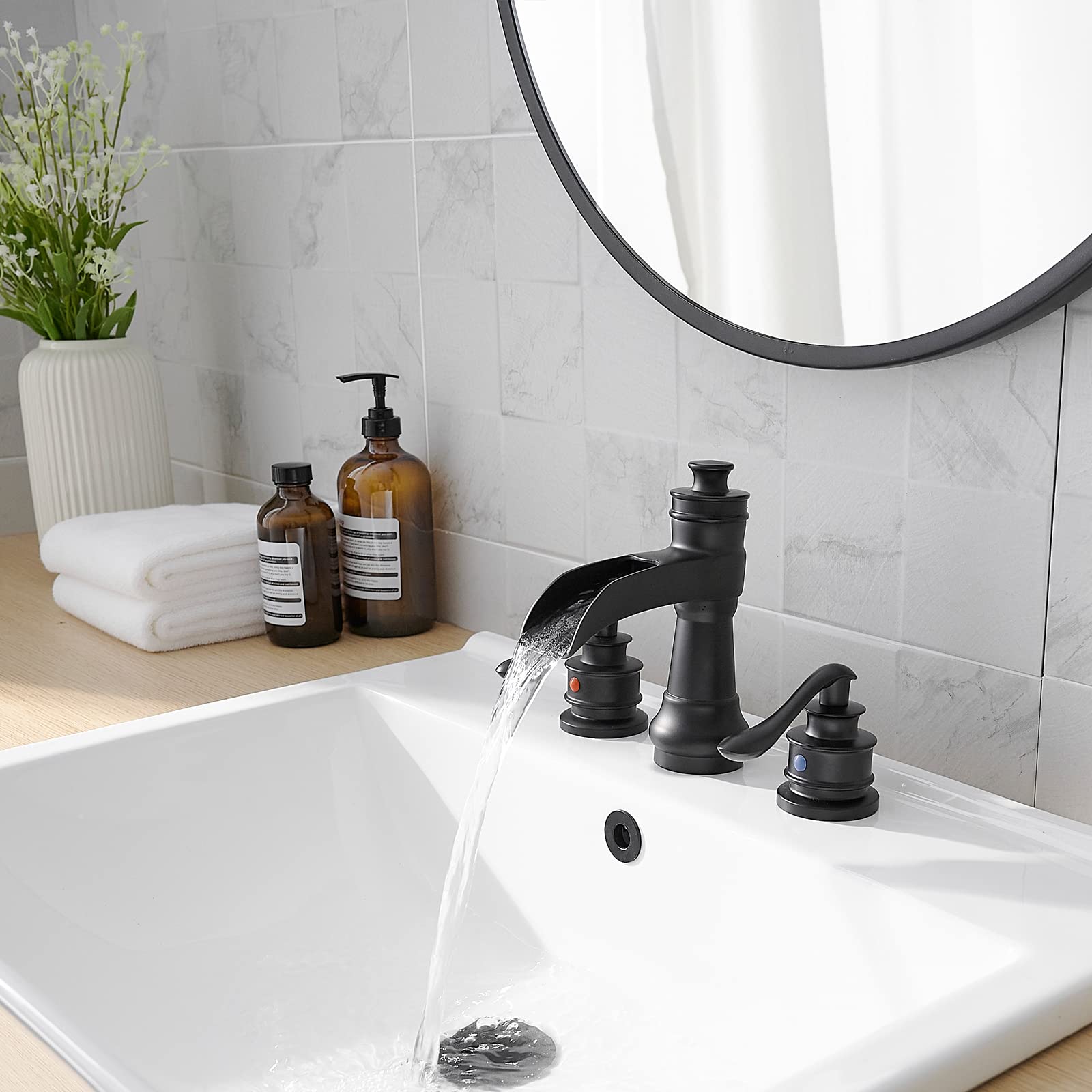 BATHLAVISH Matte Black Widespread Bathroom Faucet Set - 3 Hole 2 Handle Waterfall Farmhouse Sink Faucet with Pop Up Drain Assembly | Modern Vanity Bathroom Upgrade for Home & Hotel Renovation