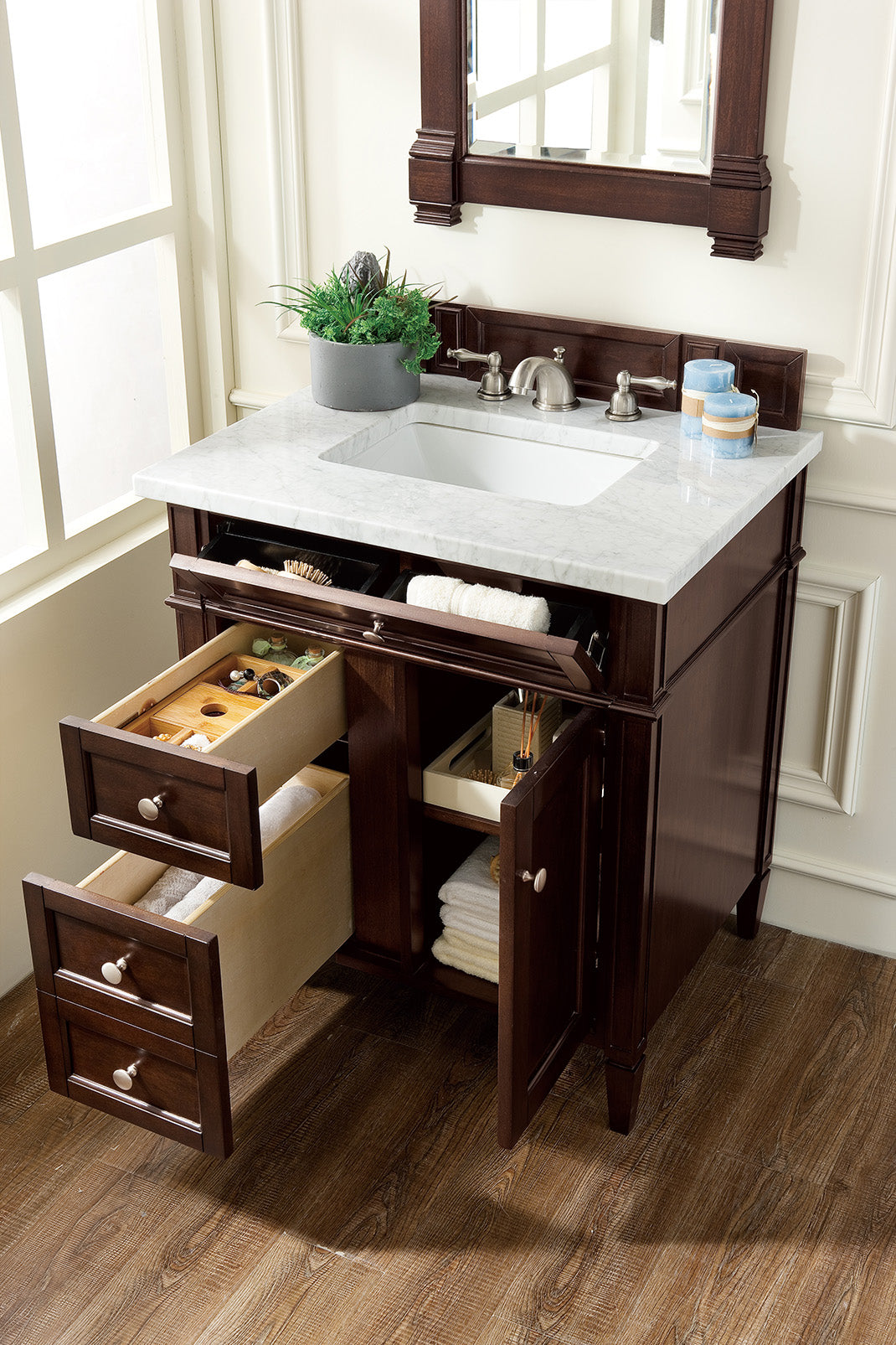 Brittany 30-Inch Single Bathroom Vanity with Burnished Mahogany Finish & 3CM Carrara Marble Top - Perfect for Modern Master Bathrooms and Powder Rooms