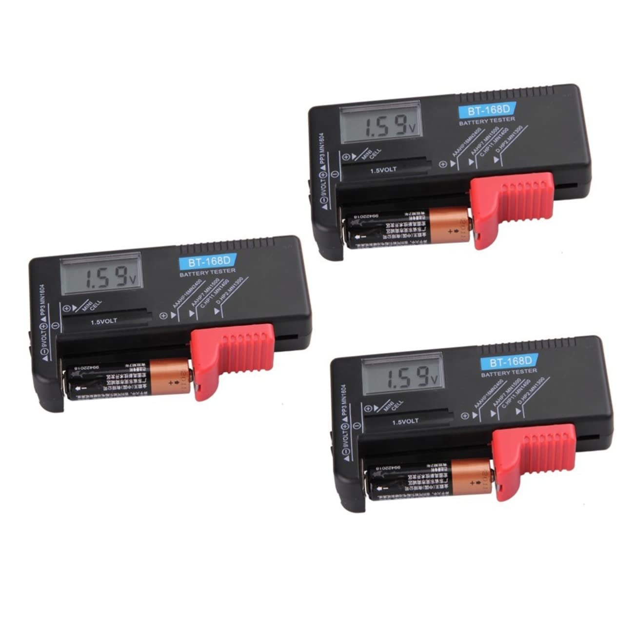 BRIGHTFUFU 3-Pack LCD Digital Battery Tester BT-168D - Universal AA AAA 9V Battery Voltage Checker (1.5V/9V) - Black - Perfect for Home, Office & Emergency Kits
