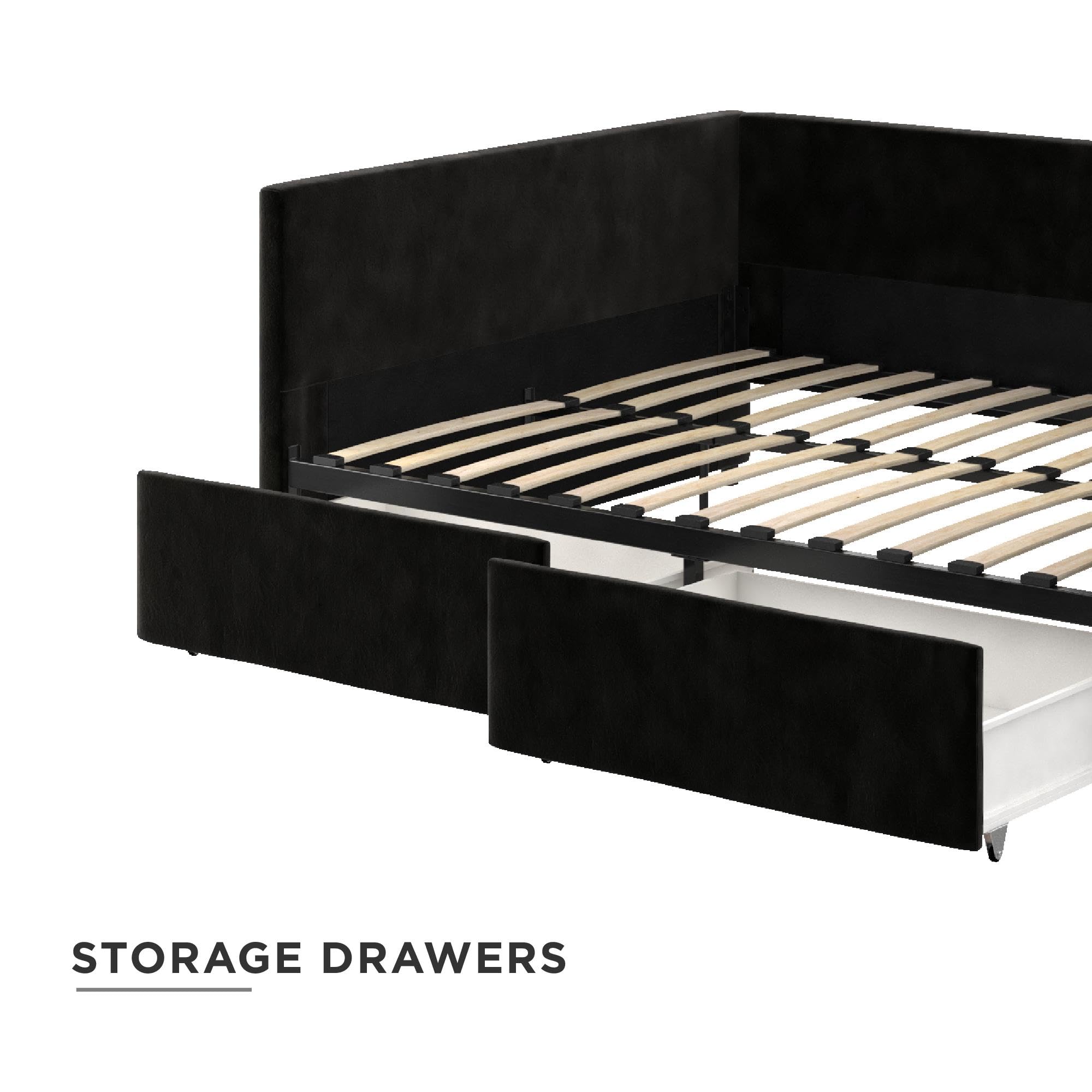 DHP Theo Full Size Daybed with Storage Drawers - Black Velvet Upholstered Sleeper Sofa for Guest Room, Dorm & Small Space Living