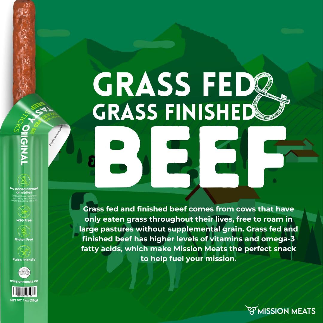 Mission Meats Beef Sticks - 100% Grass Fed & Pasture Raised Beef Jerky, Zero Sugar, Gluten Free, Keto & Paleo Friendly Snacks, Whole30 Approved, 1oz Individually Wrapped (Pack of 72) - Perfect for Hiking, Camping & On-the-Go Healthy Snacking