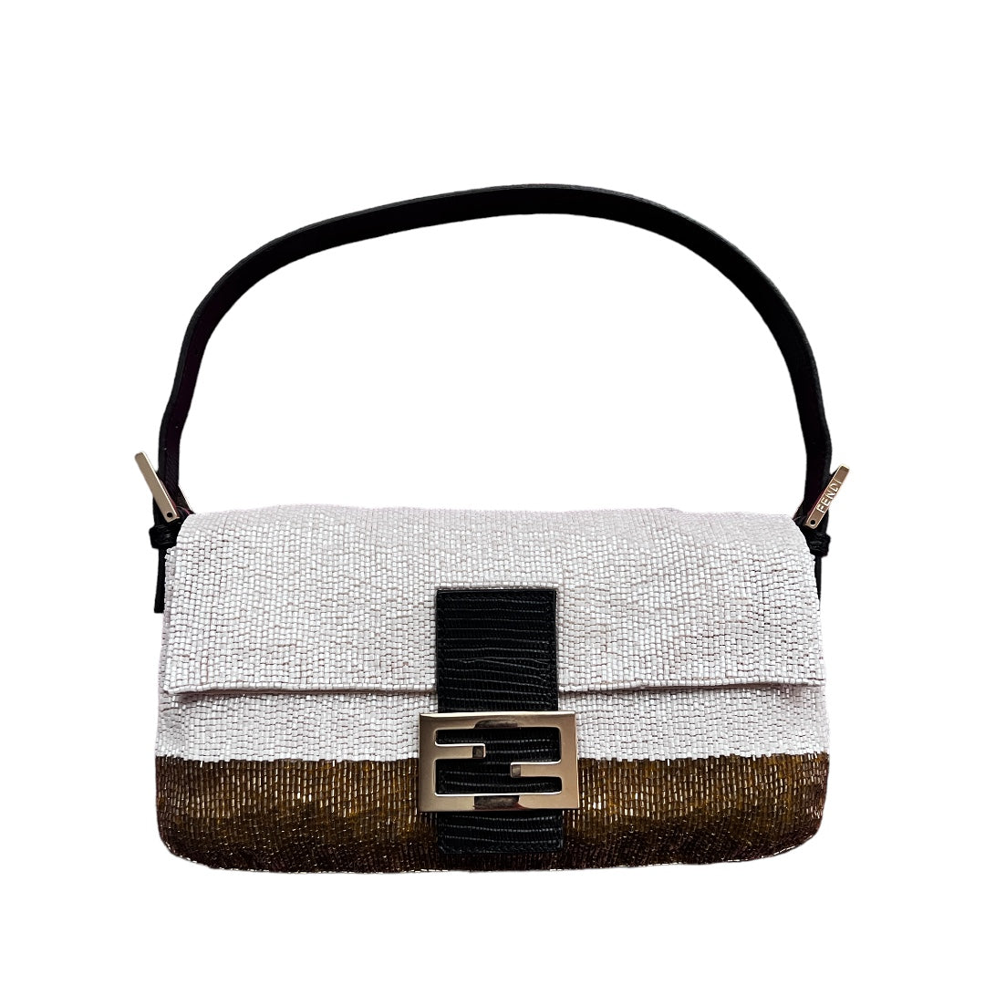 Elegant White & Gold Beaded Baguette Bag - Perfect for Evening Parties, Weddings, and Special Occasions