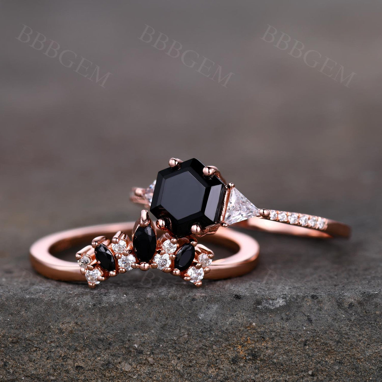 Hexagon Black Onyx Engagement Ring - 3 Stone Moissanite & Onyx Jewelry for Women, Wedding, Anniversary, and Proposal Gifts
