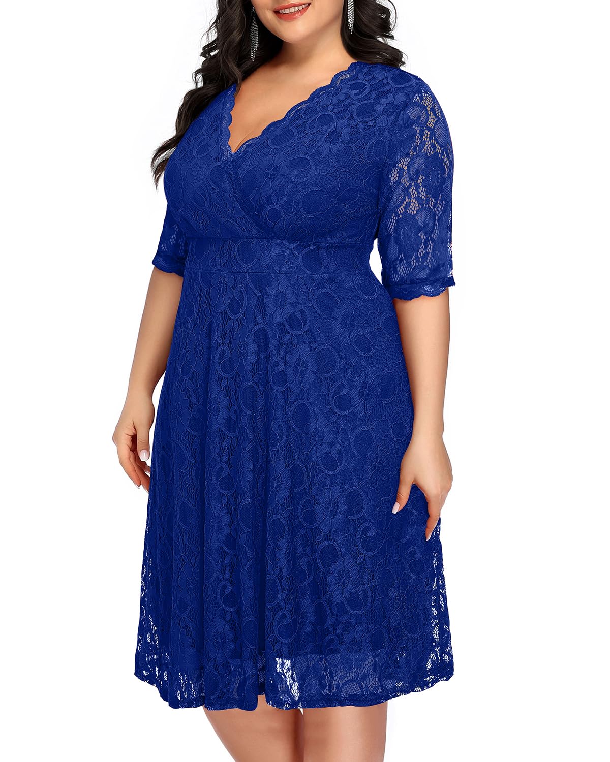 Plus Size Women's Lace Wrap V-Neck Knee-Length Dress for Wedding Guest & Cocktail Party | Semi-Formal Occasions, Date Night, Bridal Shower, Church Events
