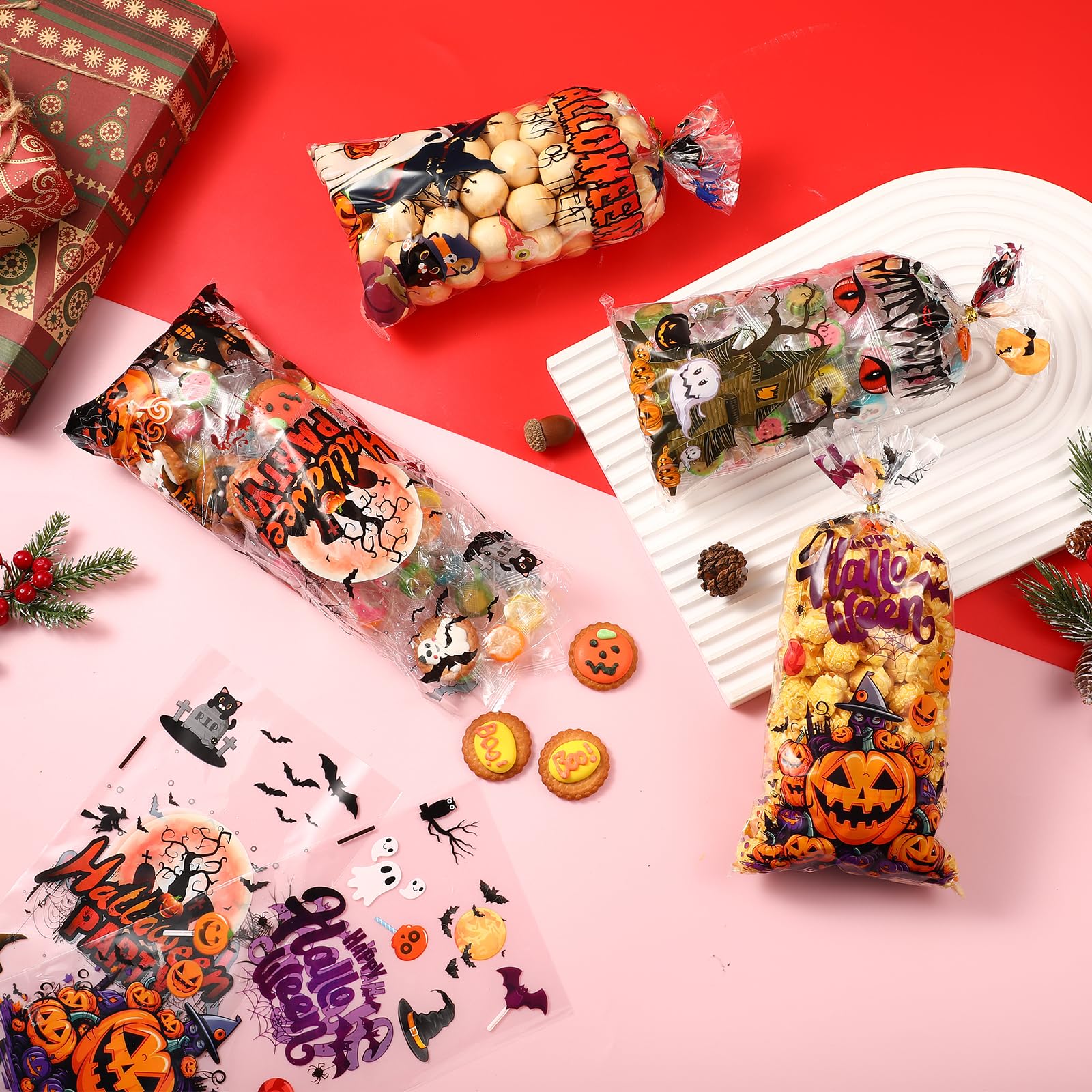 BBPOOL Halloween Treat Bags - 160pcs Clear Plastic Goodie Bags with Twist Ties for Candy, Cookies & Snacks | Trick or Treat Party Favors, Gift Wrapping & Halloween Party Supplies | Perfect for Classroom Treats, Neighborhood Trick-or-Treating & Halloween Events