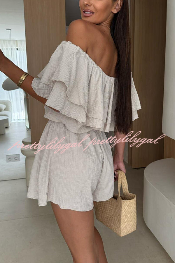 Solid Color Off Shoulder Ruffled Casual Waist Rompers for Women - Summer Beach Party Outfit & Vacation Jumpsuit