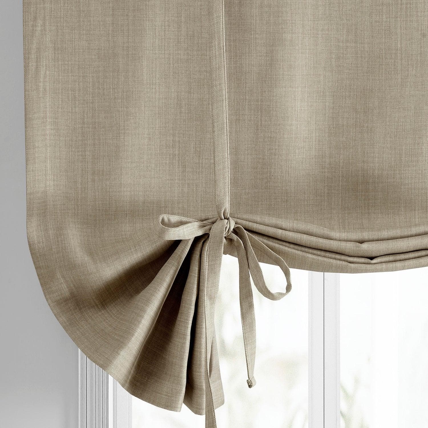 Oatmeal Textured Faux Linen Blackout Window Shades - Room Darkening Tie-Up Curtain Panels for Bedroom, Living Room & Nursery