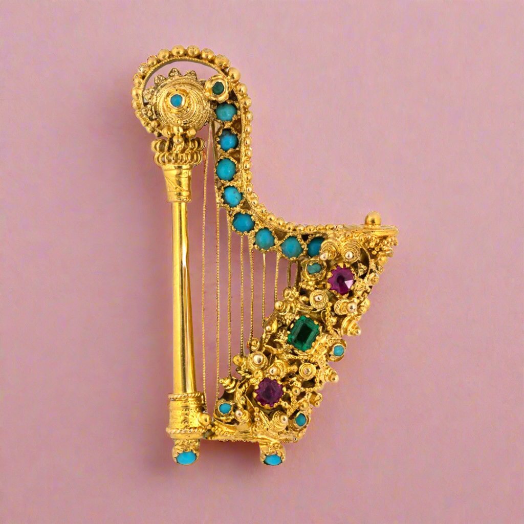 Multi Gemstone Harp Locket Pin - Elegant Vintage Brooch for Women, Perfect for Weddings, Parties & Special Occasions