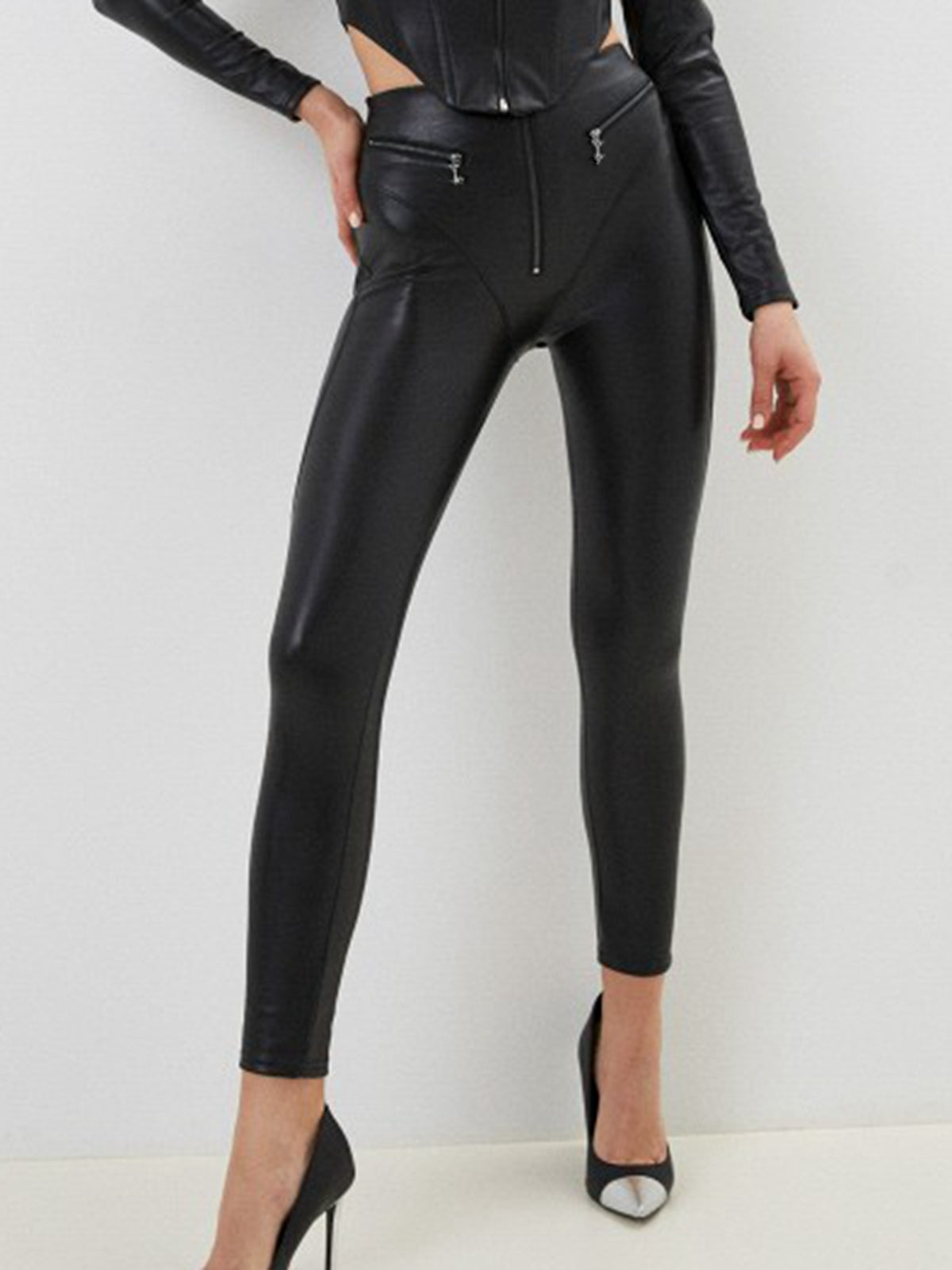 ZASUWA Women's High Waist PU Leather Leggings with Zipper - Tummy Control & Butt Lifting - Perfect for Yoga, Workout & Night Out