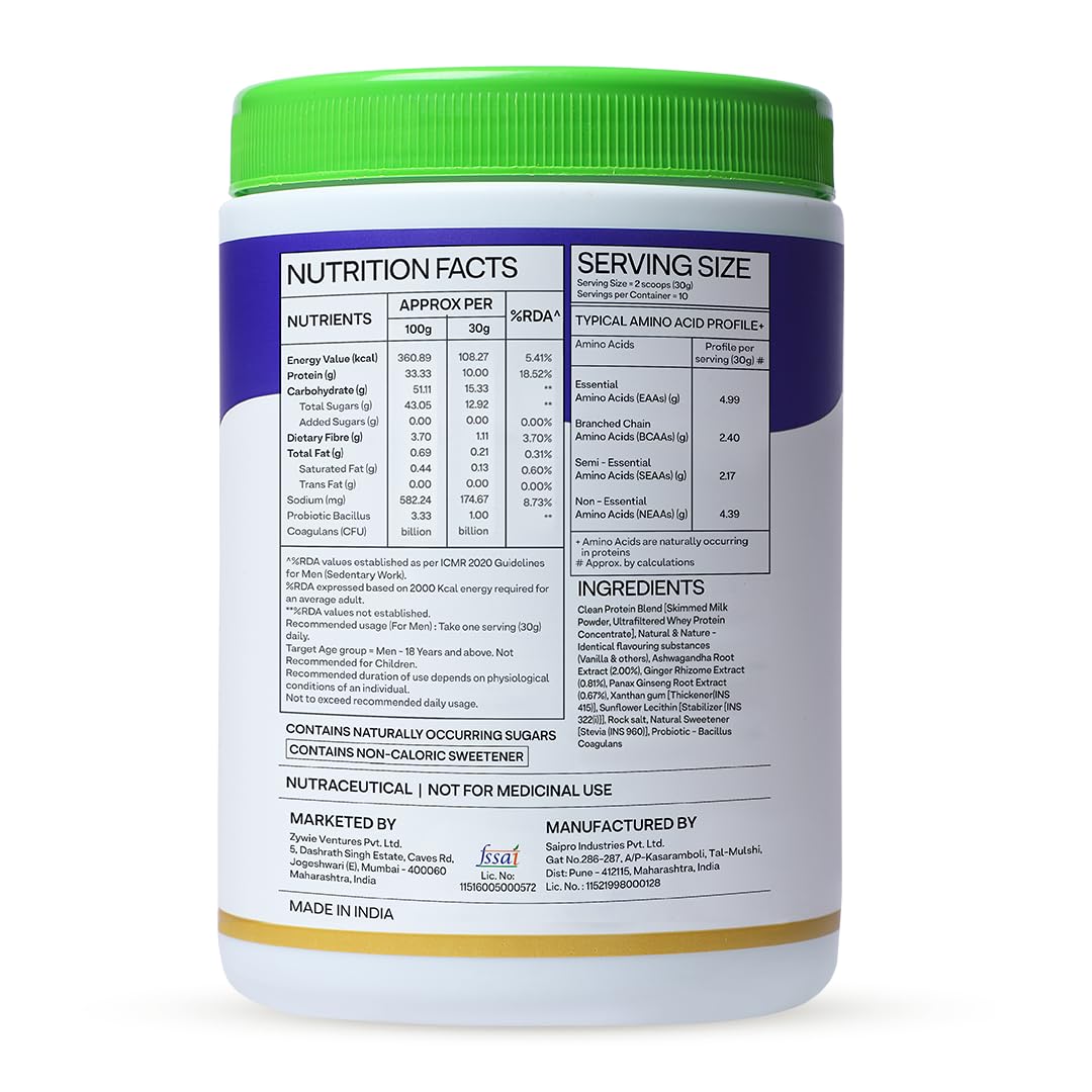 OZiva Daily Protein Activ for Men - 40G Protein Powder with Probiotics for Stamina & Muscle Growth - Vanilla Almond Flavor (300G, Pack of 1) | Ideal for Post-Workout Recovery & Active Lifestyle