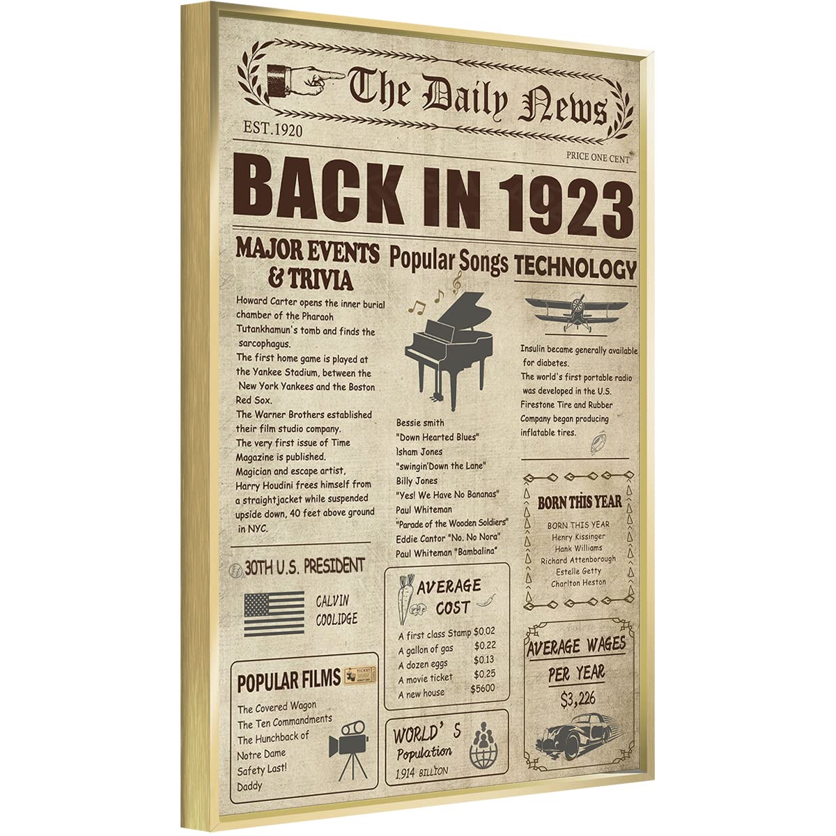 Vintage 99th Birthday Poster - TIME TREE Framed Anniversary Decor for 1923 Born - Perfect 99th Birthday Gifts for Women & Men - Ideal for Milestone Celebrations, Retirement Parties & Family Reunions