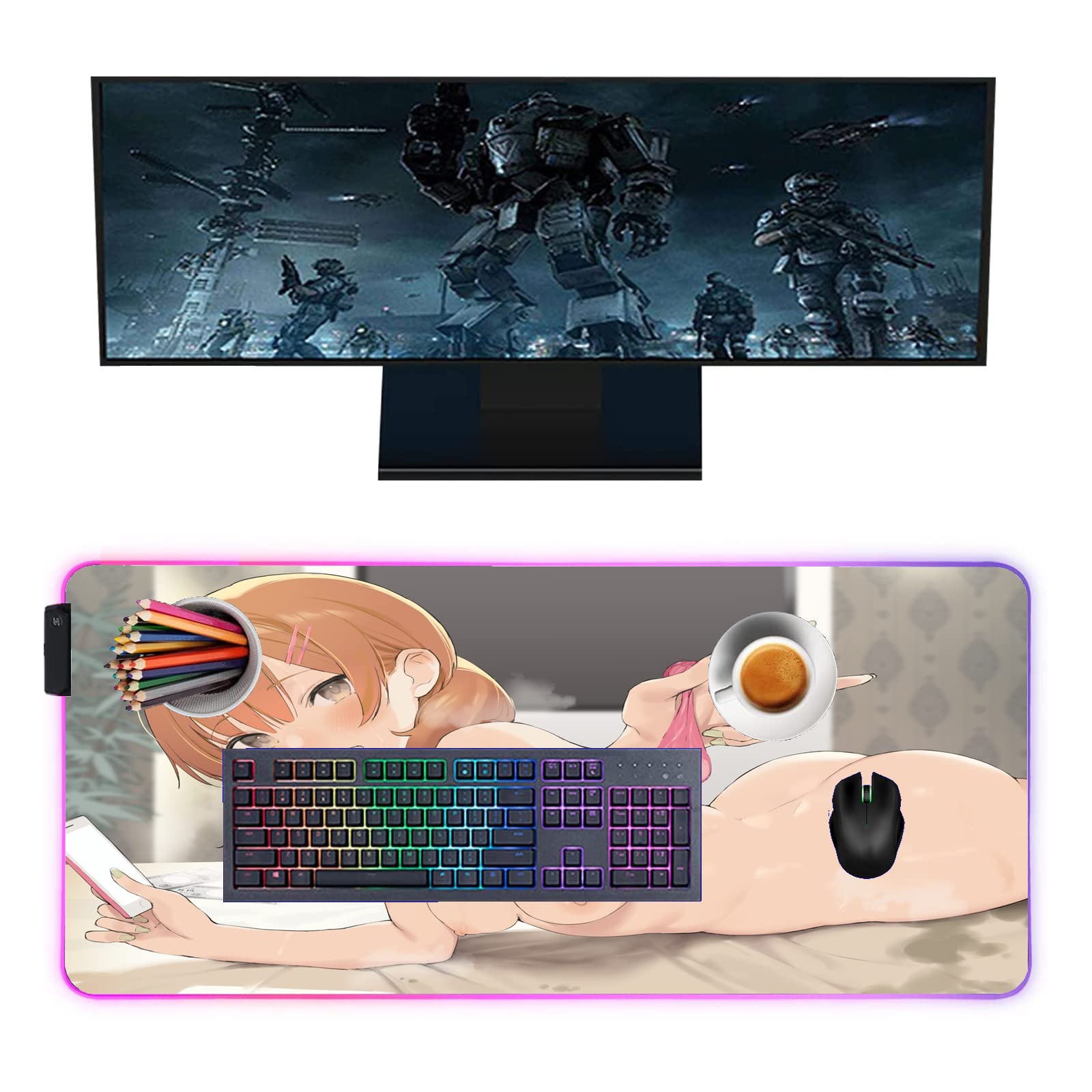 RGB Gaming Mouse Pad with LED Backlight - XXL 39.37 x 19.68 Inch Large Desk Mat for PC & Keyboard - Anime Girl Design for Gamers | Perfect for Gaming Setups & Office Workstations