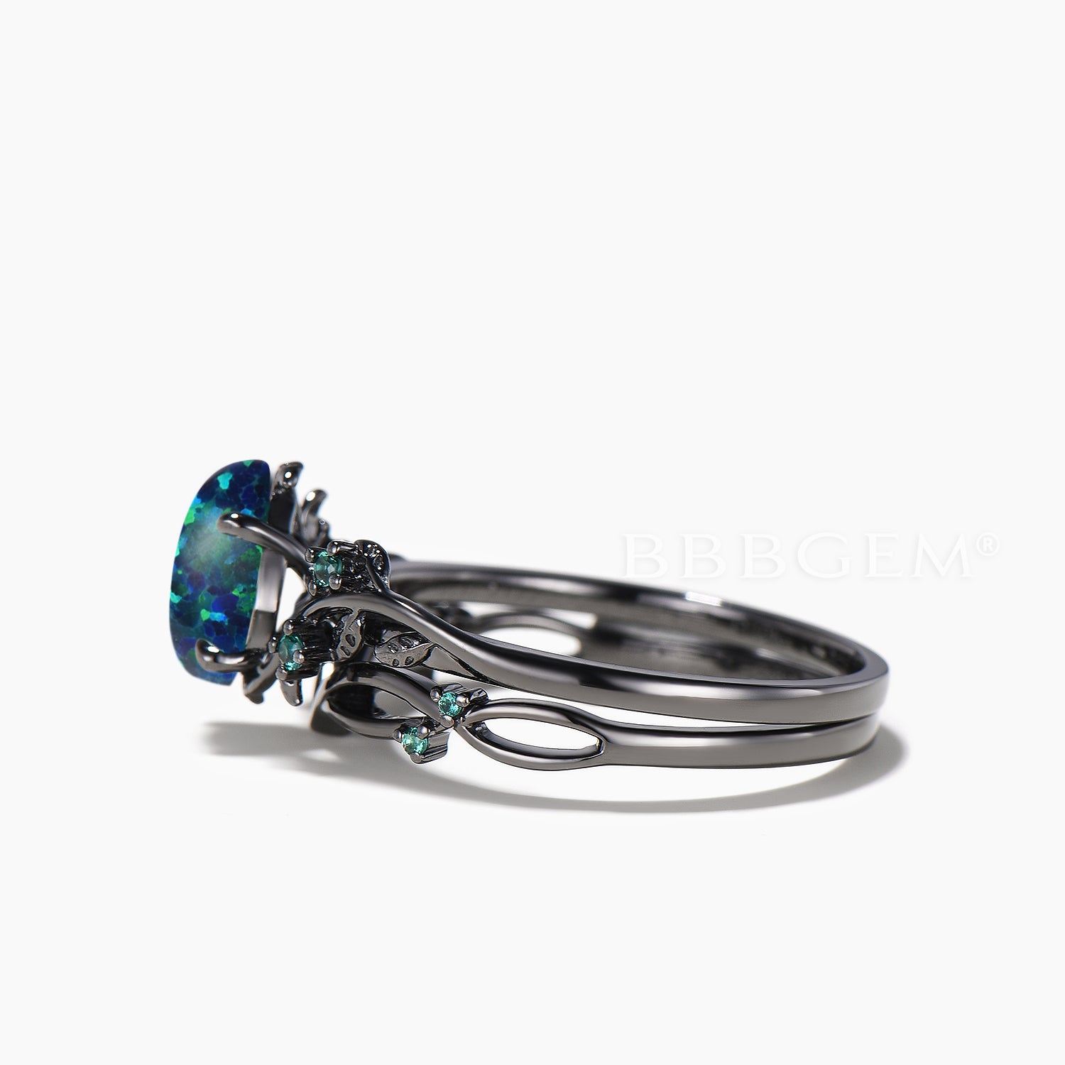 Natural Black Opal Engagement Ring with Emerald Accents - 14K Black Gold Bridal Set for Women, Perfect for Weddings, Anniversaries & Special Occasions