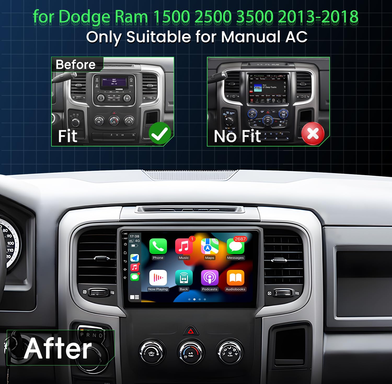 Dodge RAM Car Stereo Replacement Head Unit (2+64GB) for 2013-2018 1500/2500/3500 - Wireless CarPlay & Android Auto, 5G WiFi, Bluetooth, GPS, RDS, FM, Mirror Link & SWC - Perfect for Road Trips & Daily Commuting (Manual AC Only)